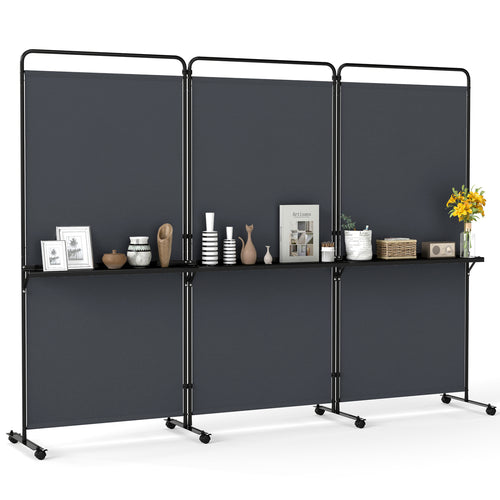 3-Panel Room Divider with Shelves, 6 FT Tall, Gray
