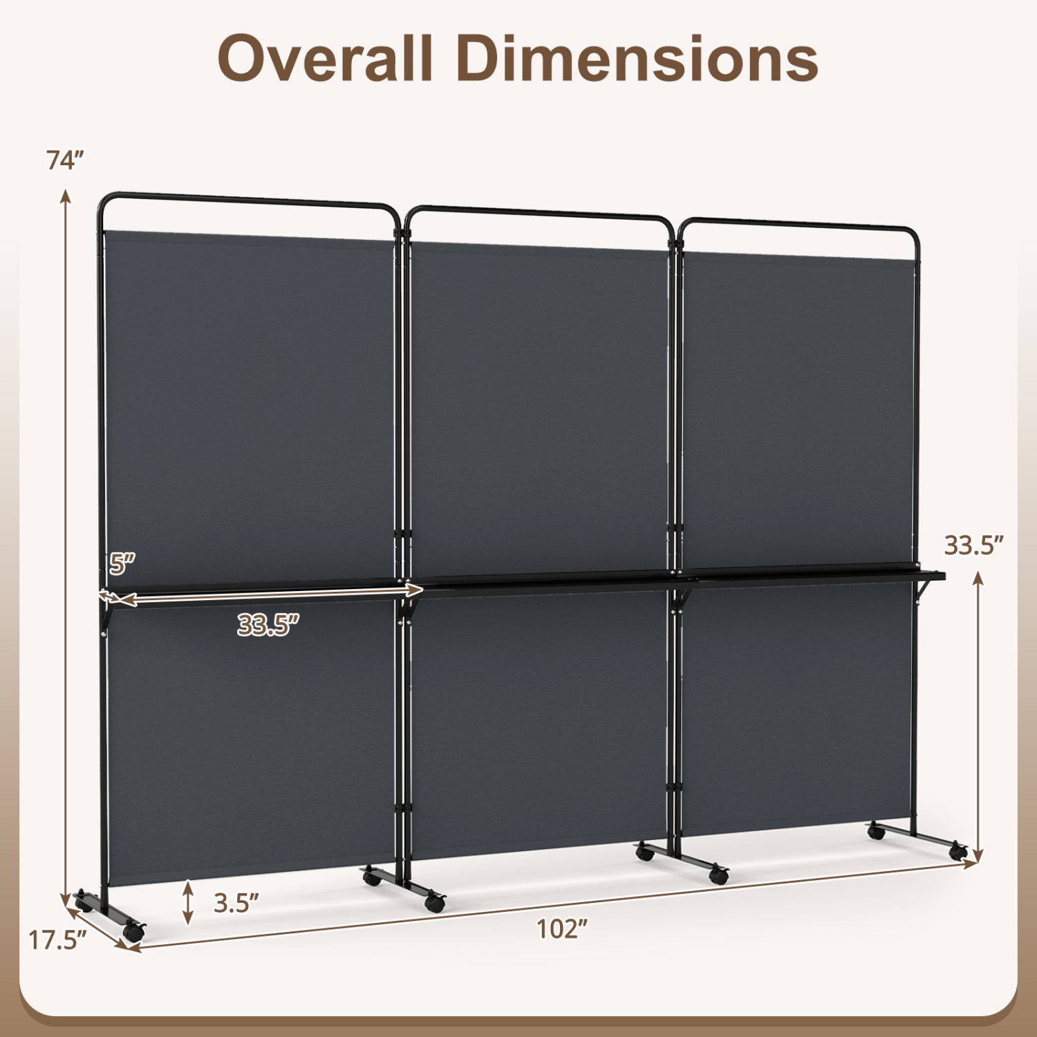 3-Panel Room Divider with Shelves, 6 FT Tall, Gray Room Dividers at Gallery Canada