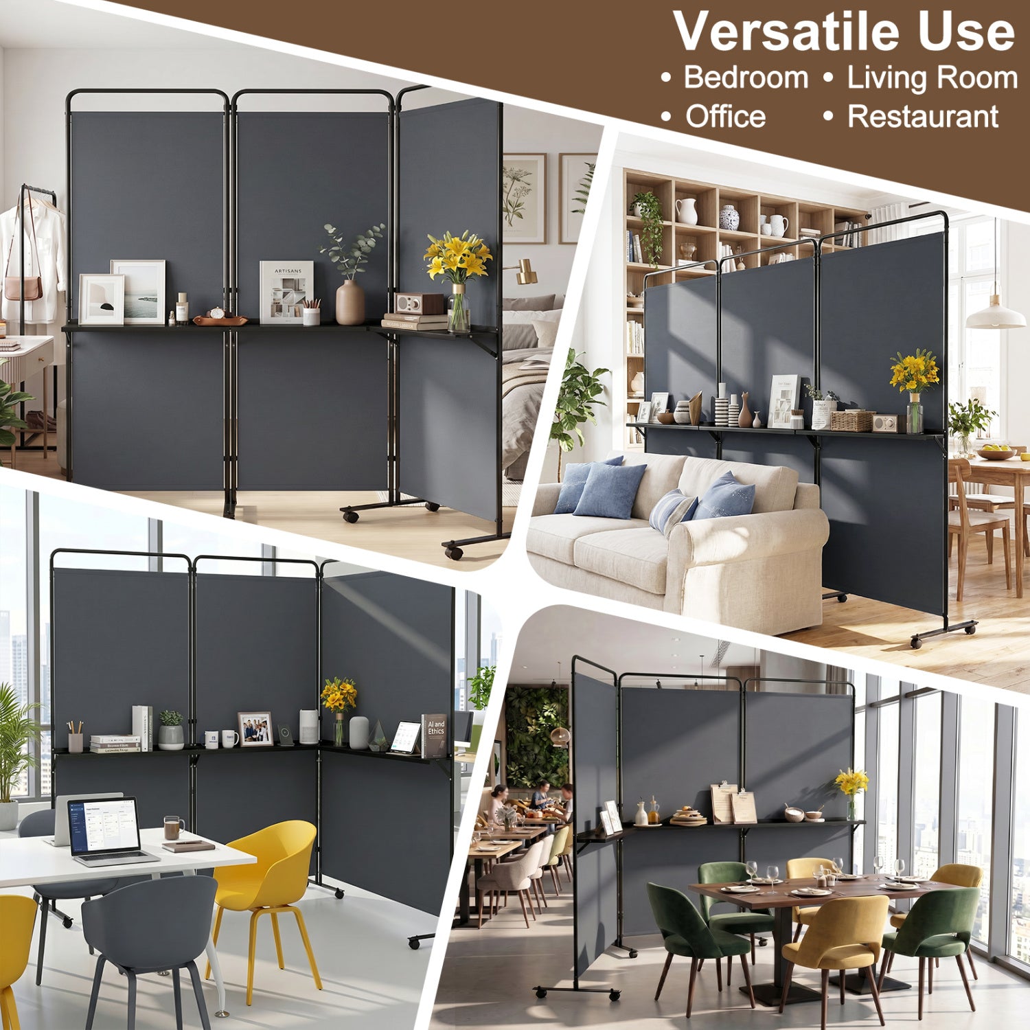 3-Panel Room Divider with Shelves, 6 FT Tall, Gray Room Dividers at Gallery Canada
