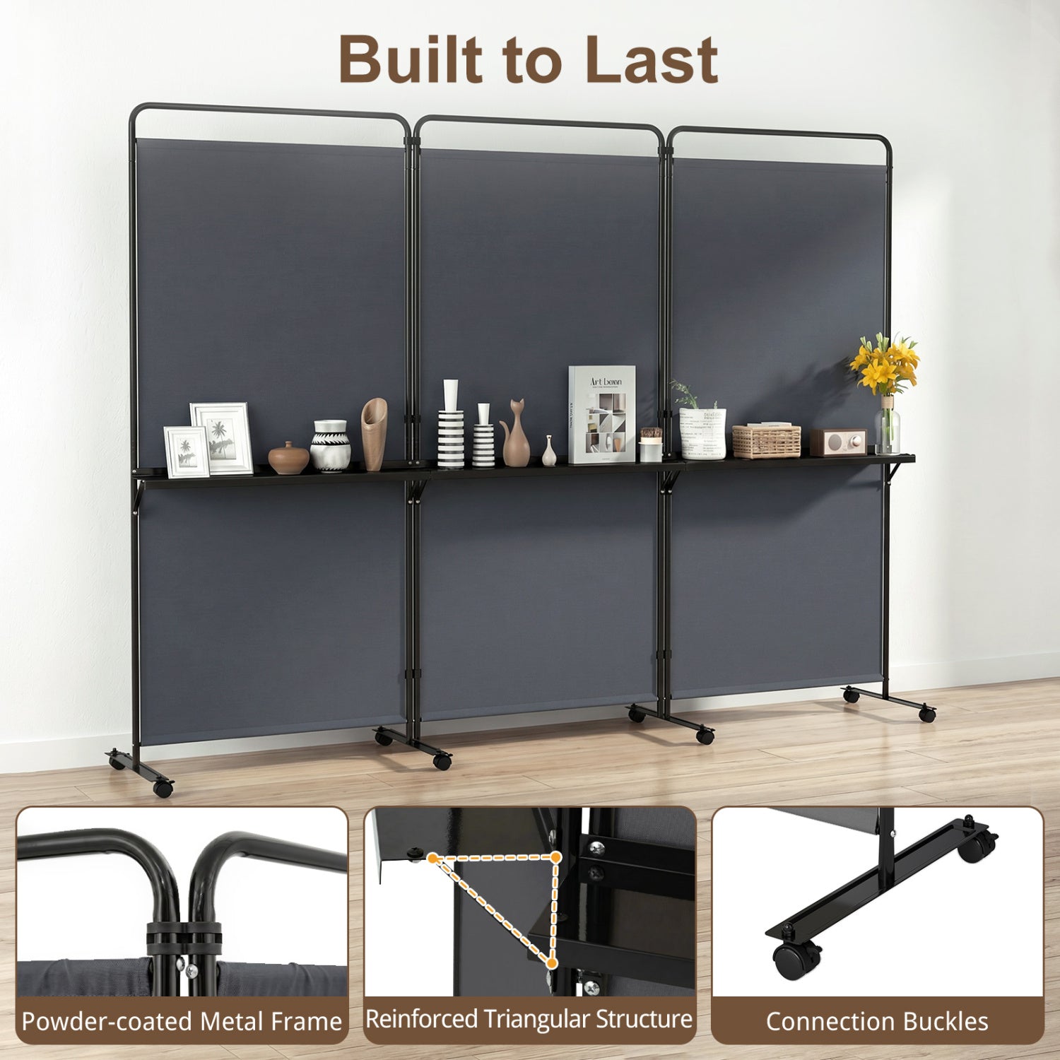 3-Panel Room Divider with Shelves, 6 FT Tall, Gray Room Dividers at Gallery Canada