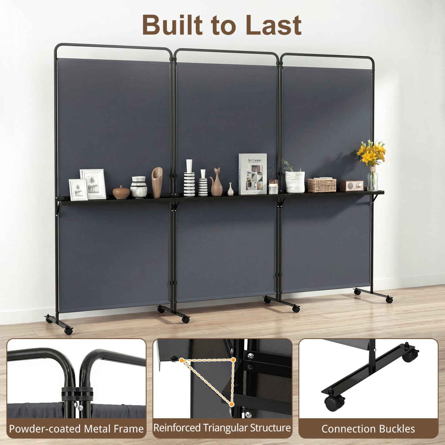 3-Panel Room Divider with Shelves, 6 FT Tall, Gray Room Dividers at Gallery Canada