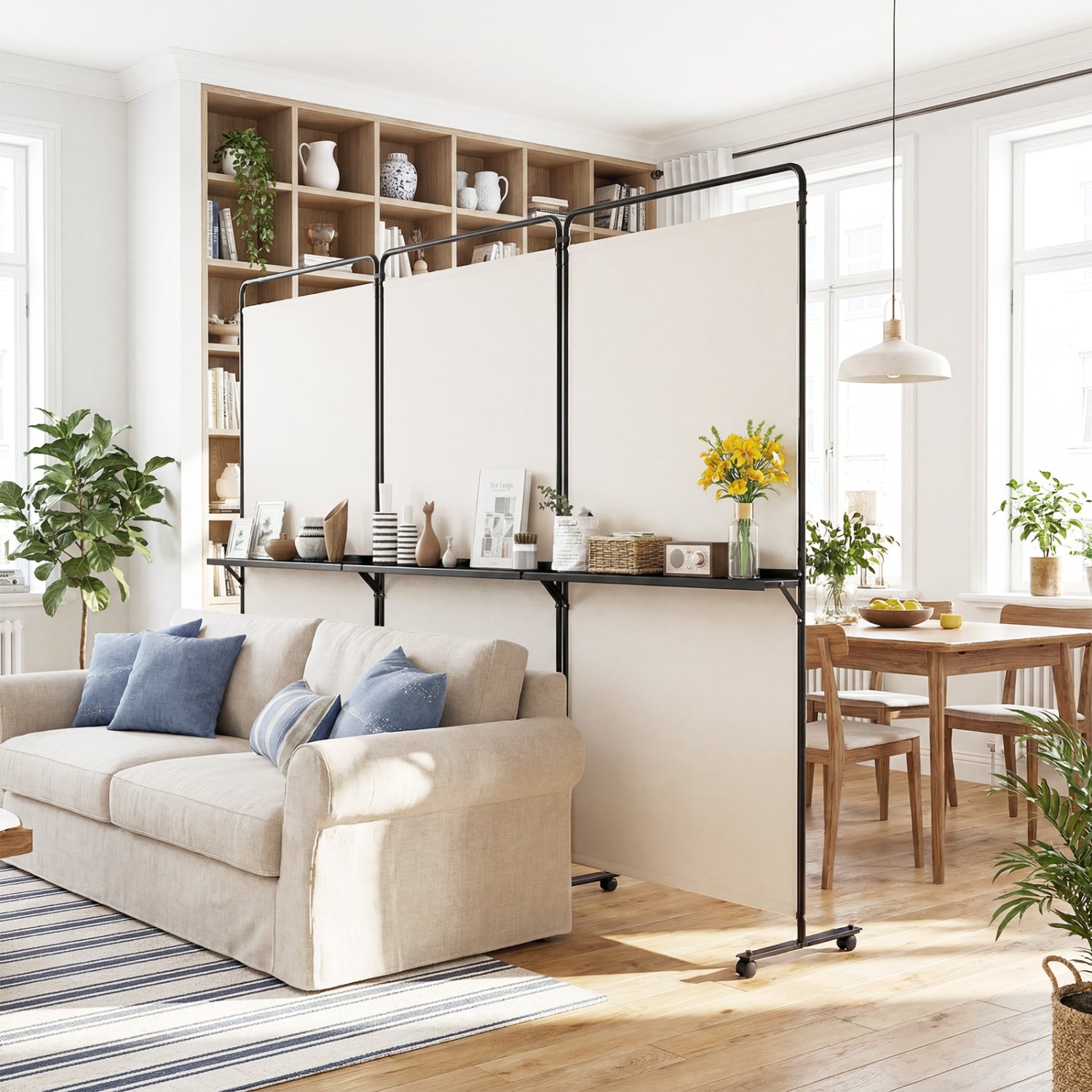 6 FT Folding Room Divider with Shelves, Locking Wheels, White Room Dividers at Gallery Canada