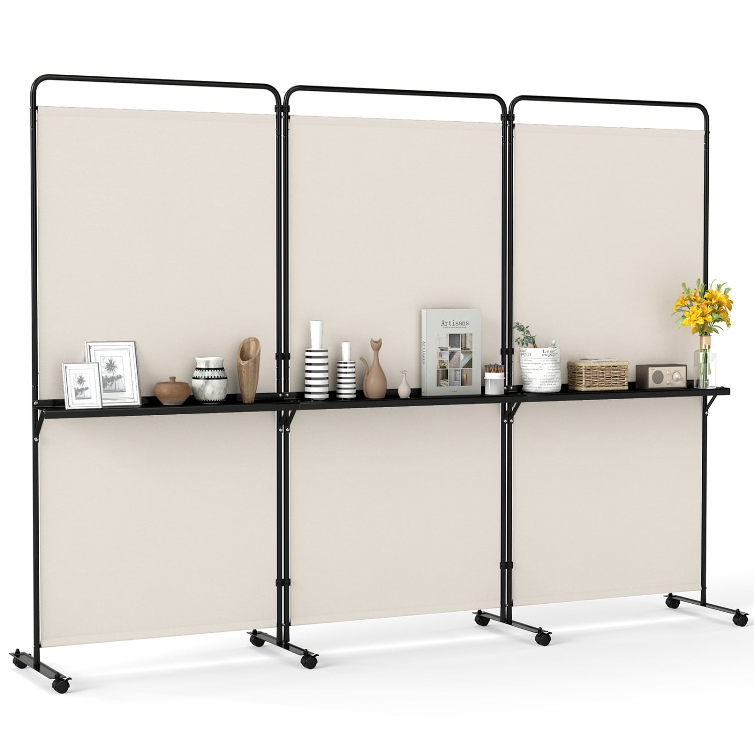 6 FT Folding Room Divider with Shelves, Locking Wheels, White Room Dividers at Gallery Canada