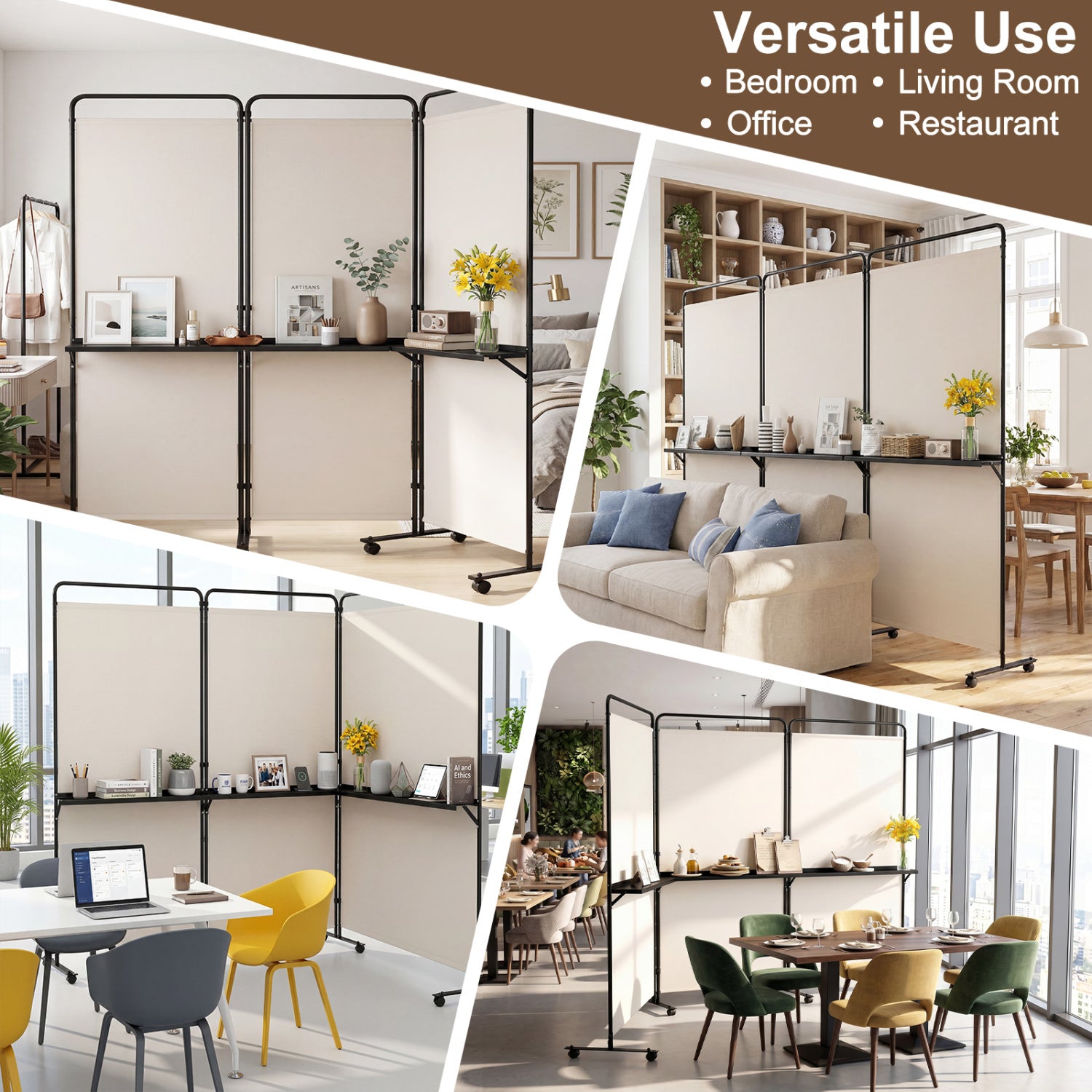 6 FT Folding Room Divider with Shelves, Locking Wheels, White Room Dividers at Gallery Canada
