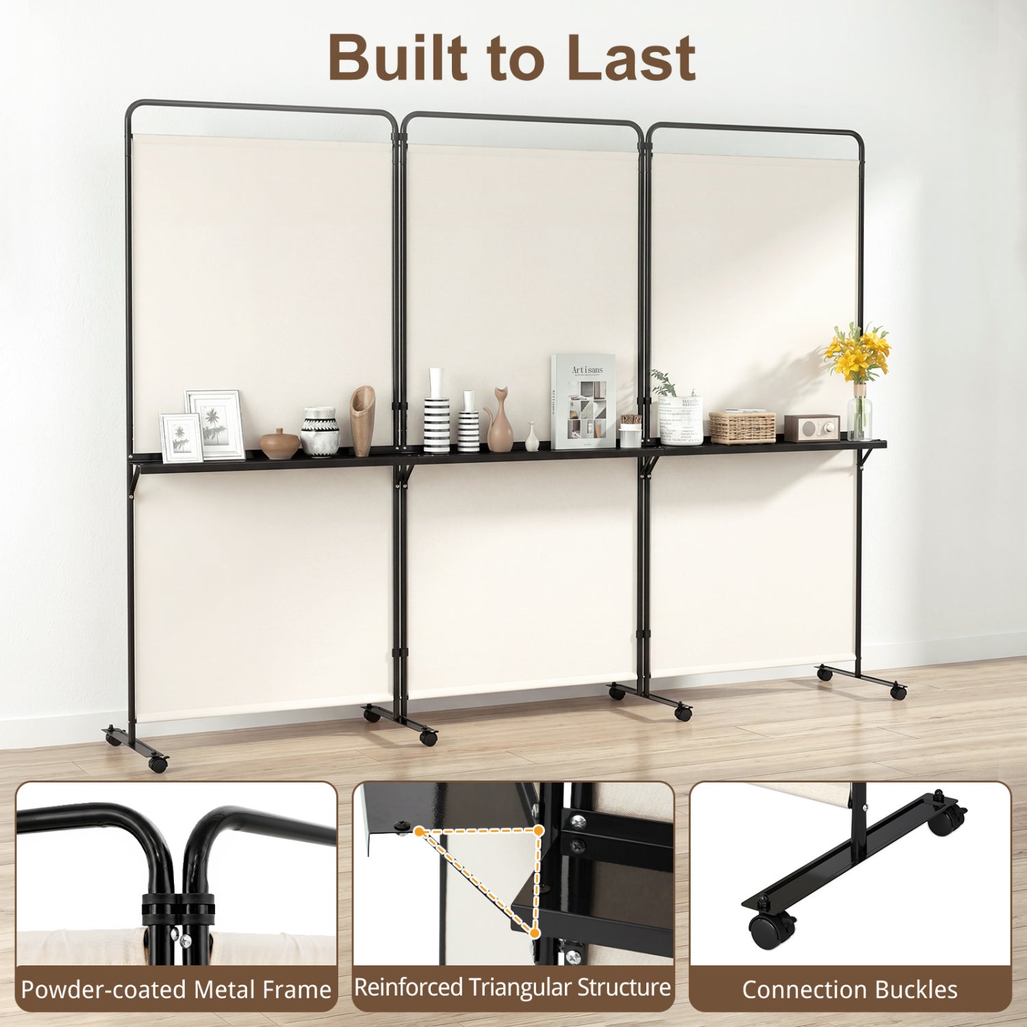 6 FT Folding Room Divider with Shelves, Locking Wheels, White Room Dividers at Gallery Canada