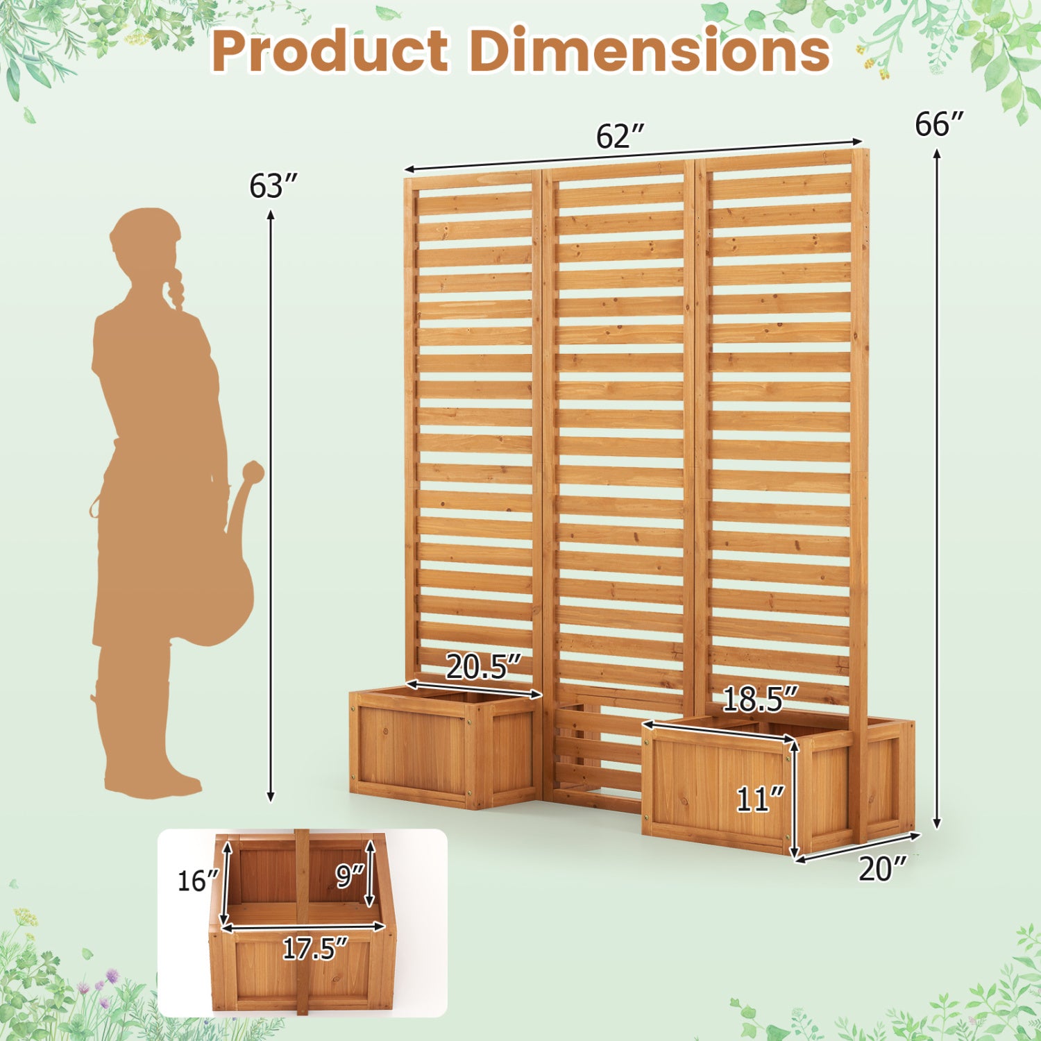 3-Panel Solid Wood Frame Freestanding Garden Fence with 2 Self-Draining Planter Boxes, Yellow Raised Garden Beds at Gallery Canada