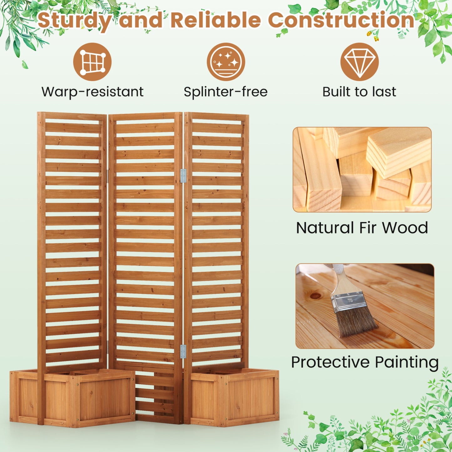 3-Panel Solid Wood Frame Freestanding Garden Fence with 2 Self-Draining Planter Boxes, Yellow Raised Garden Beds at Gallery Canada