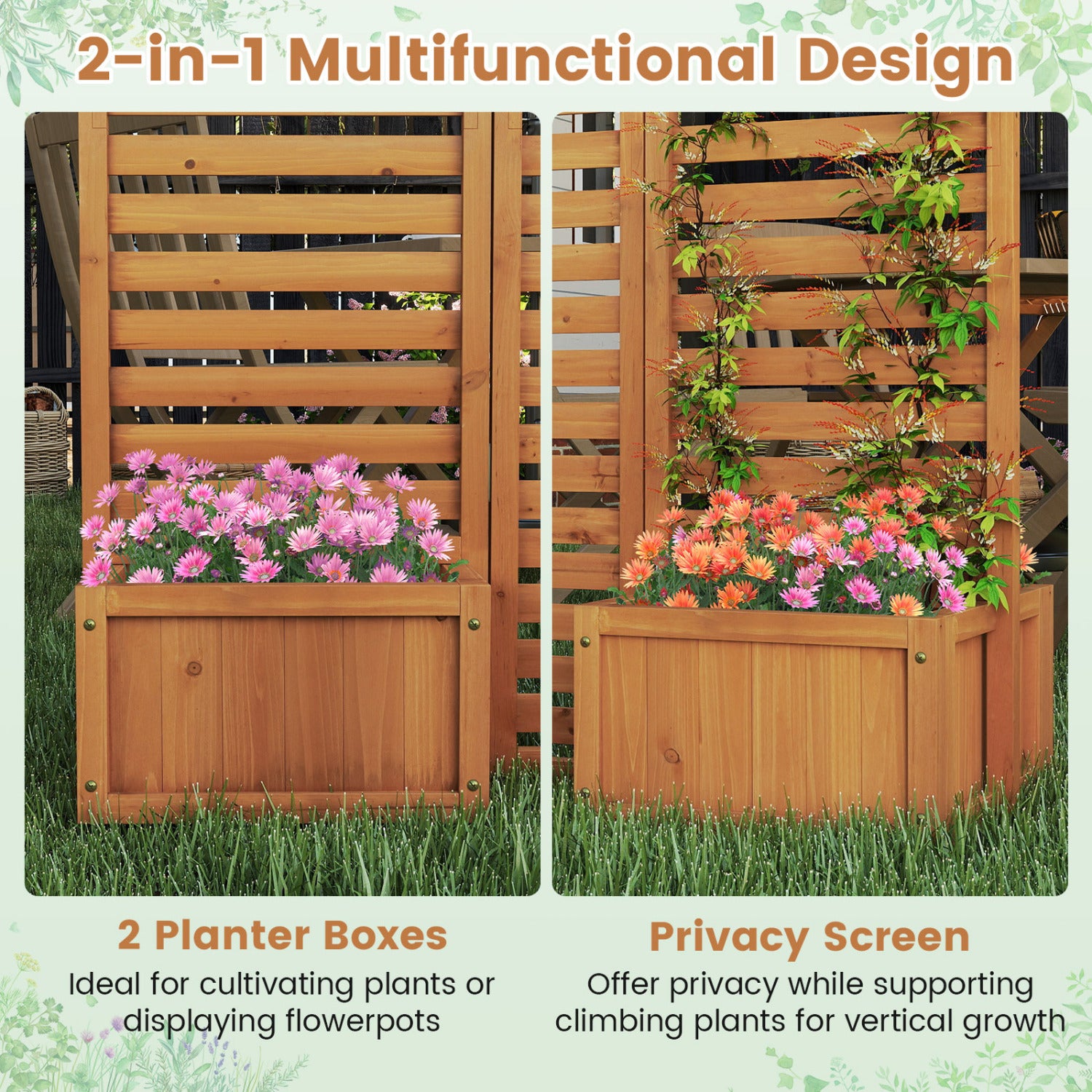 3-Panel Solid Wood Frame Freestanding Garden Fence with 2 Self-Draining Planter Boxes, Yellow Raised Garden Beds at Gallery Canada