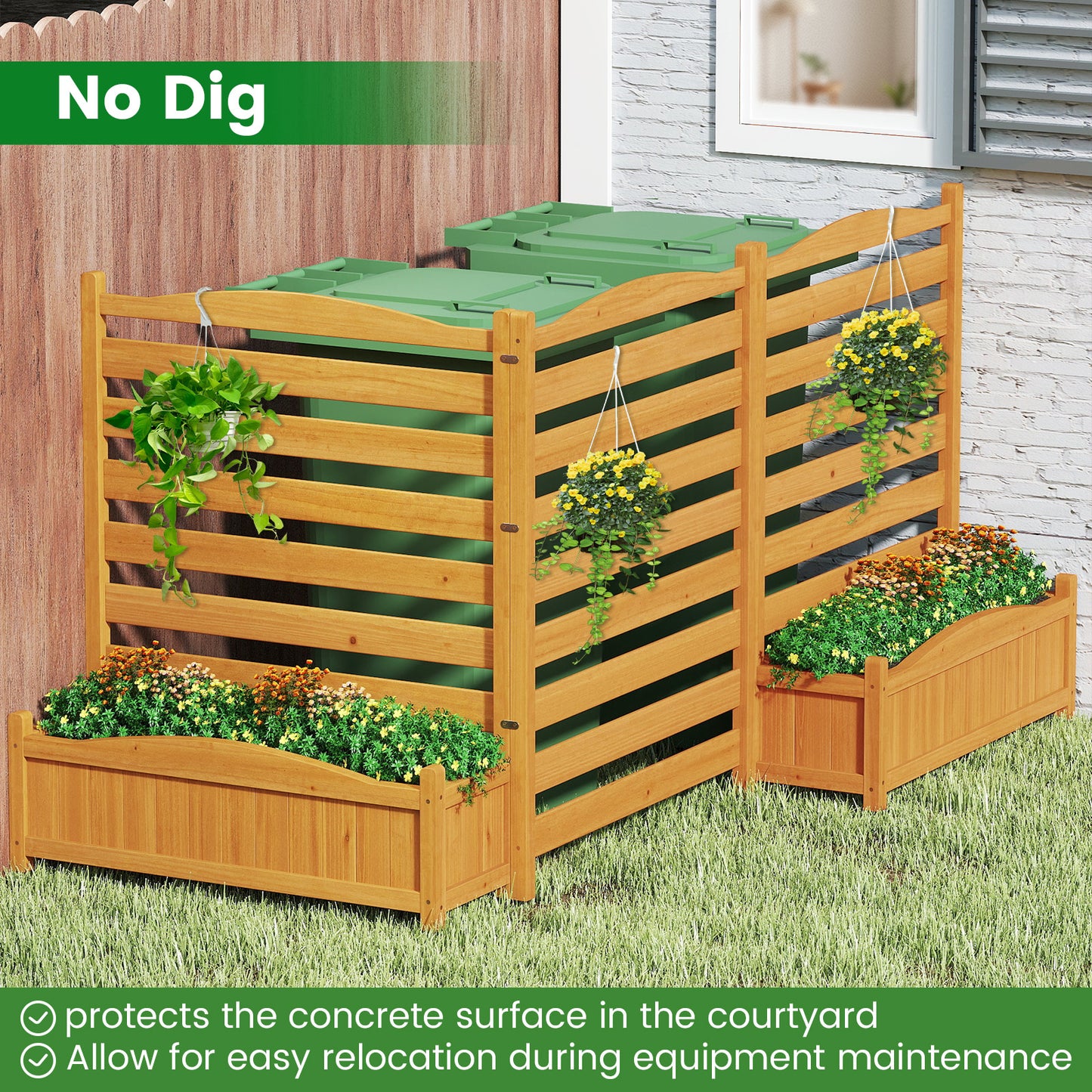 3-Panel Wood Air Conditioner Fence with Planter Box Freestanding Privacy Screen, Yellow