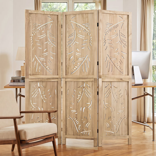 3-Panel Wood Room Divider, Palm Leaf Design, Paulownia Frame Room Dividers Natural at Gallery Canada