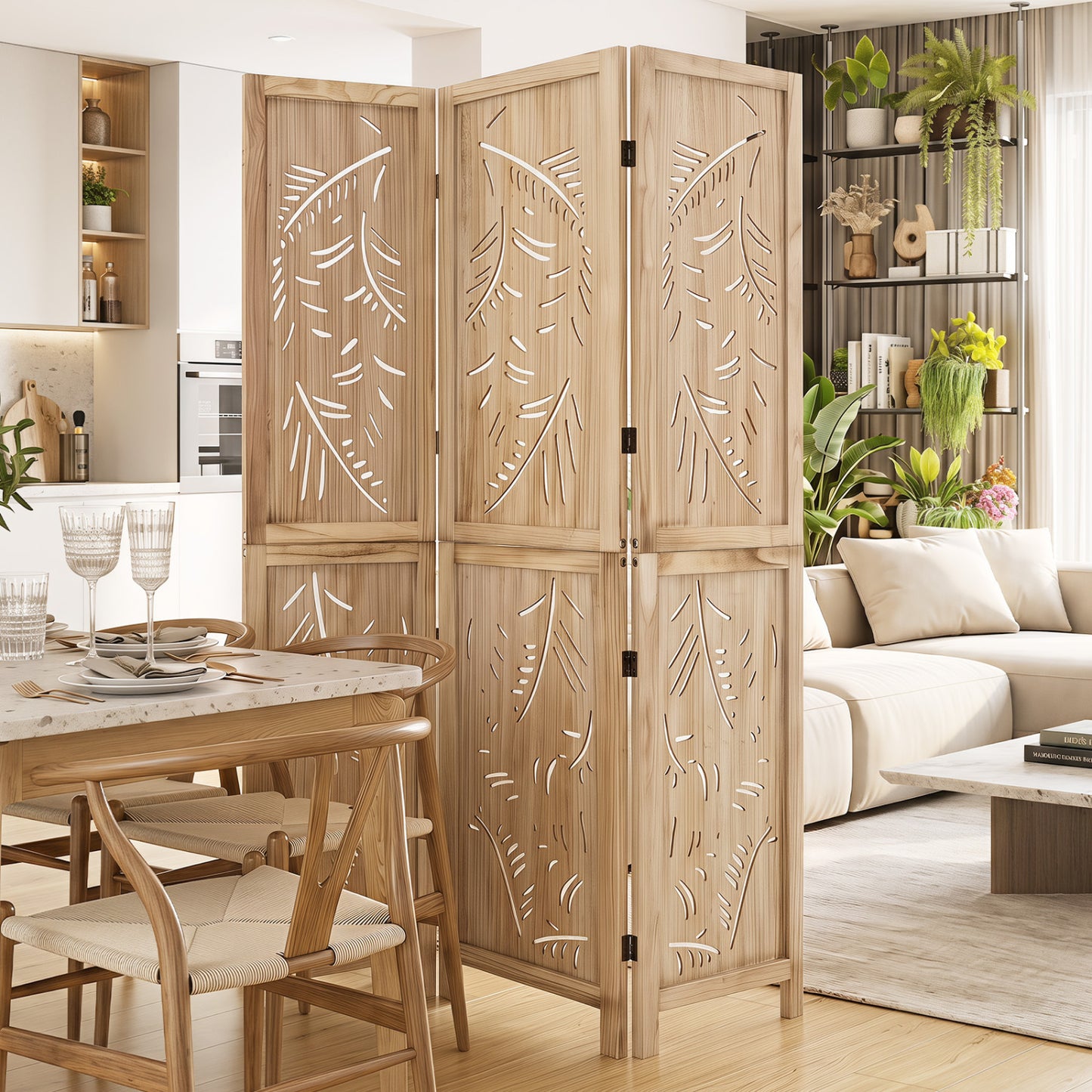 3-Panel Wood Room Divider, Palm Leaf Design, Paulownia Frame