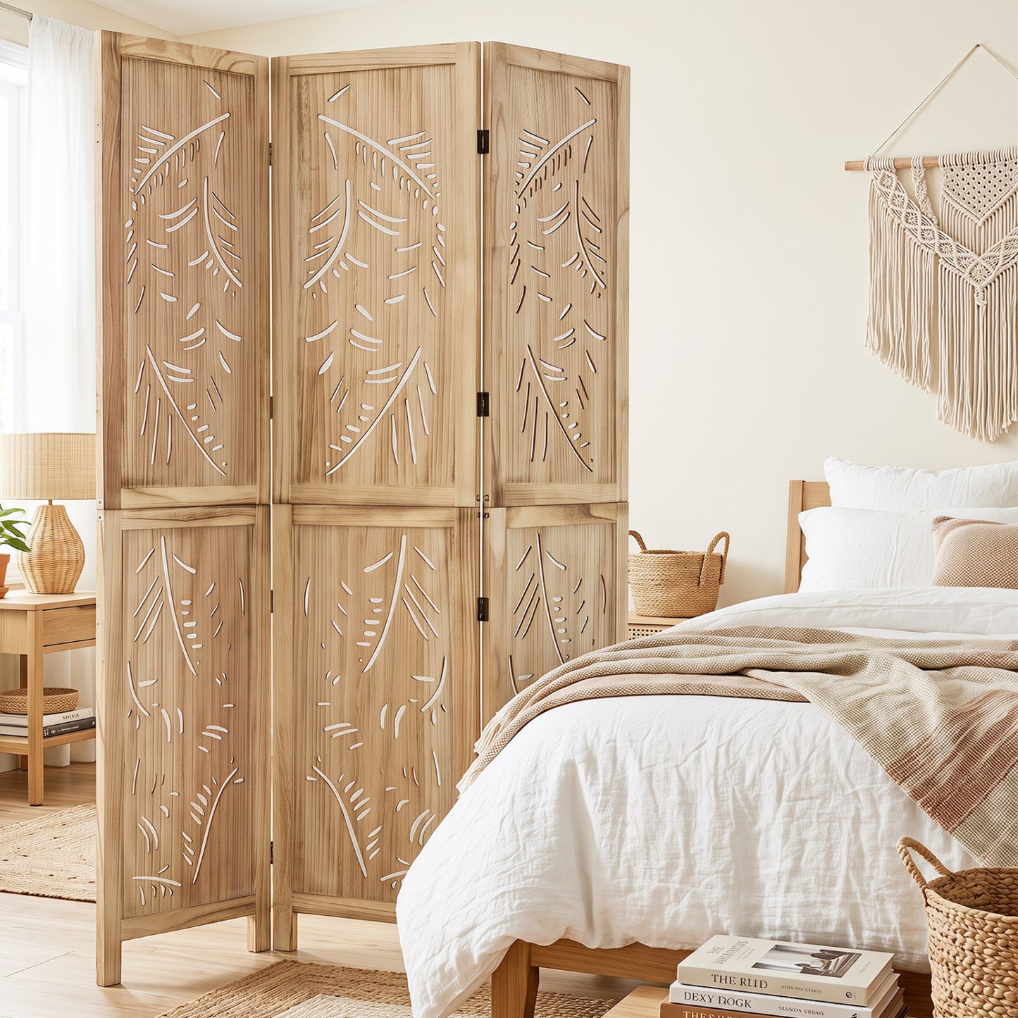 3-Panel Wood Room Divider, Palm Leaf Design, Paulownia Frame