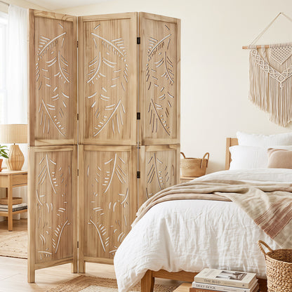 3-Panel Wood Room Divider, Palm Leaf Design, Paulownia Frame