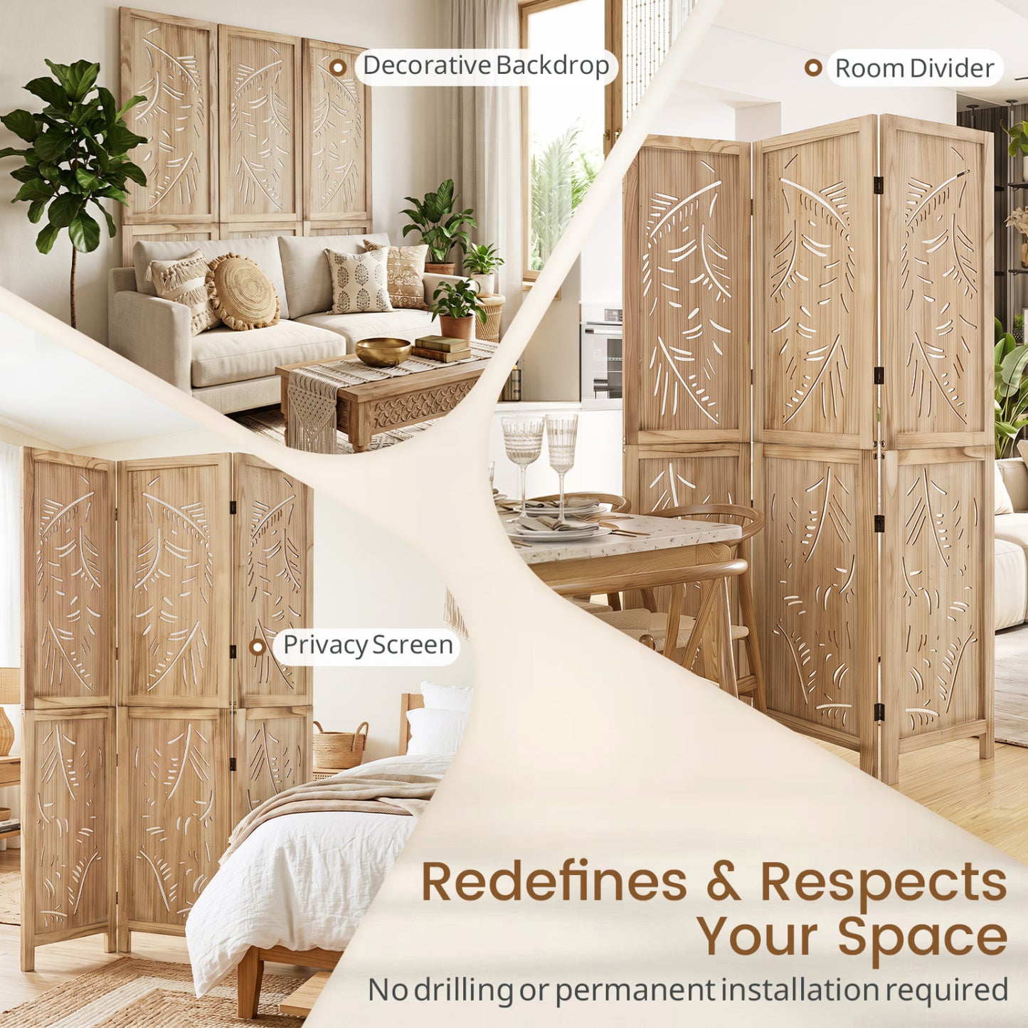 3-Panel Wood Room Divider, Palm Leaf Design, Paulownia Frame