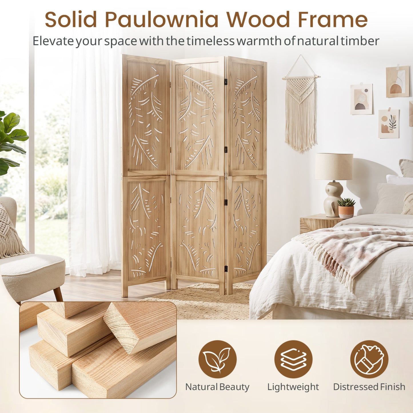 3-Panel Wood Room Divider, Palm Leaf Design, Paulownia Frame