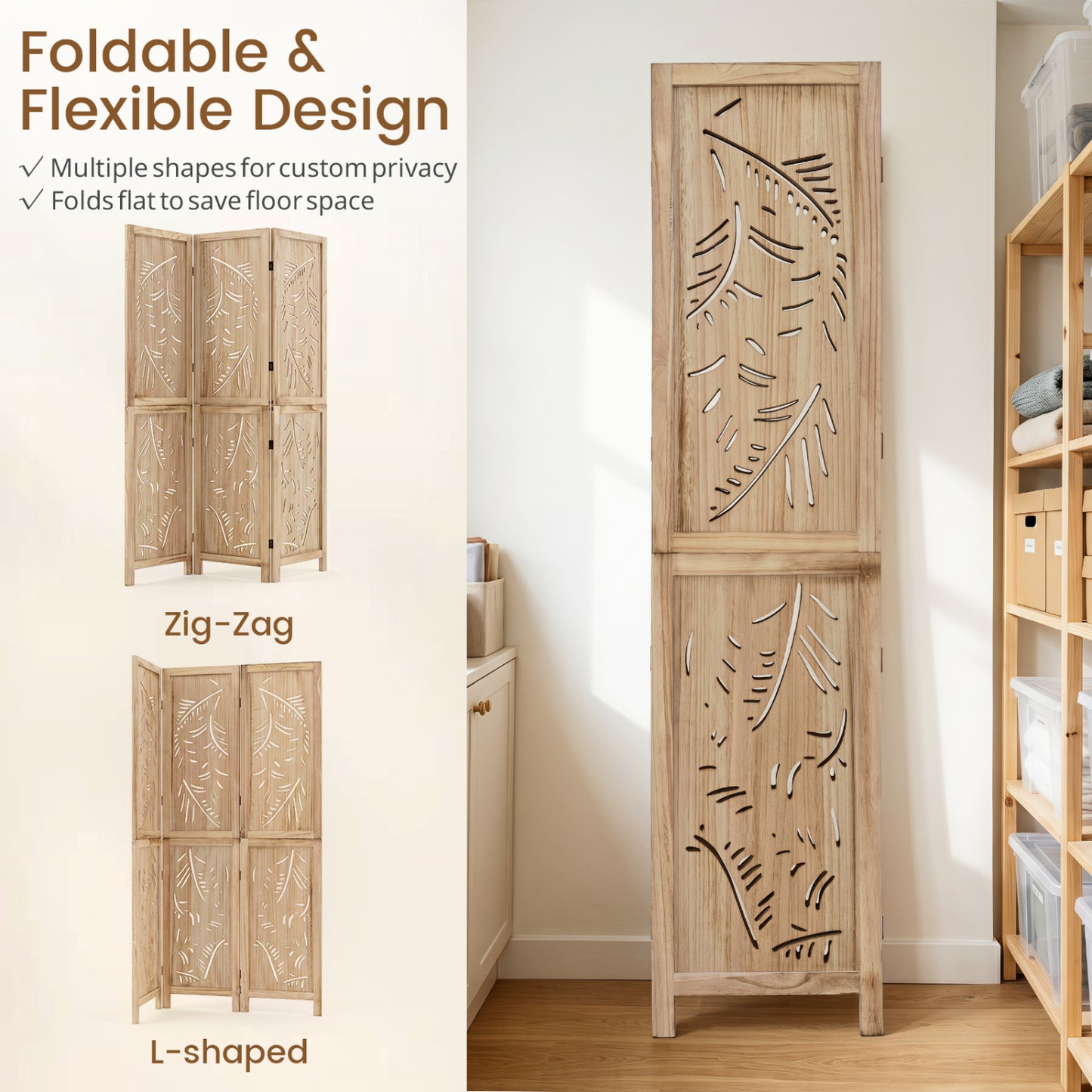 3-Panel Wood Room Divider, Palm Leaf Design, Paulownia Frame