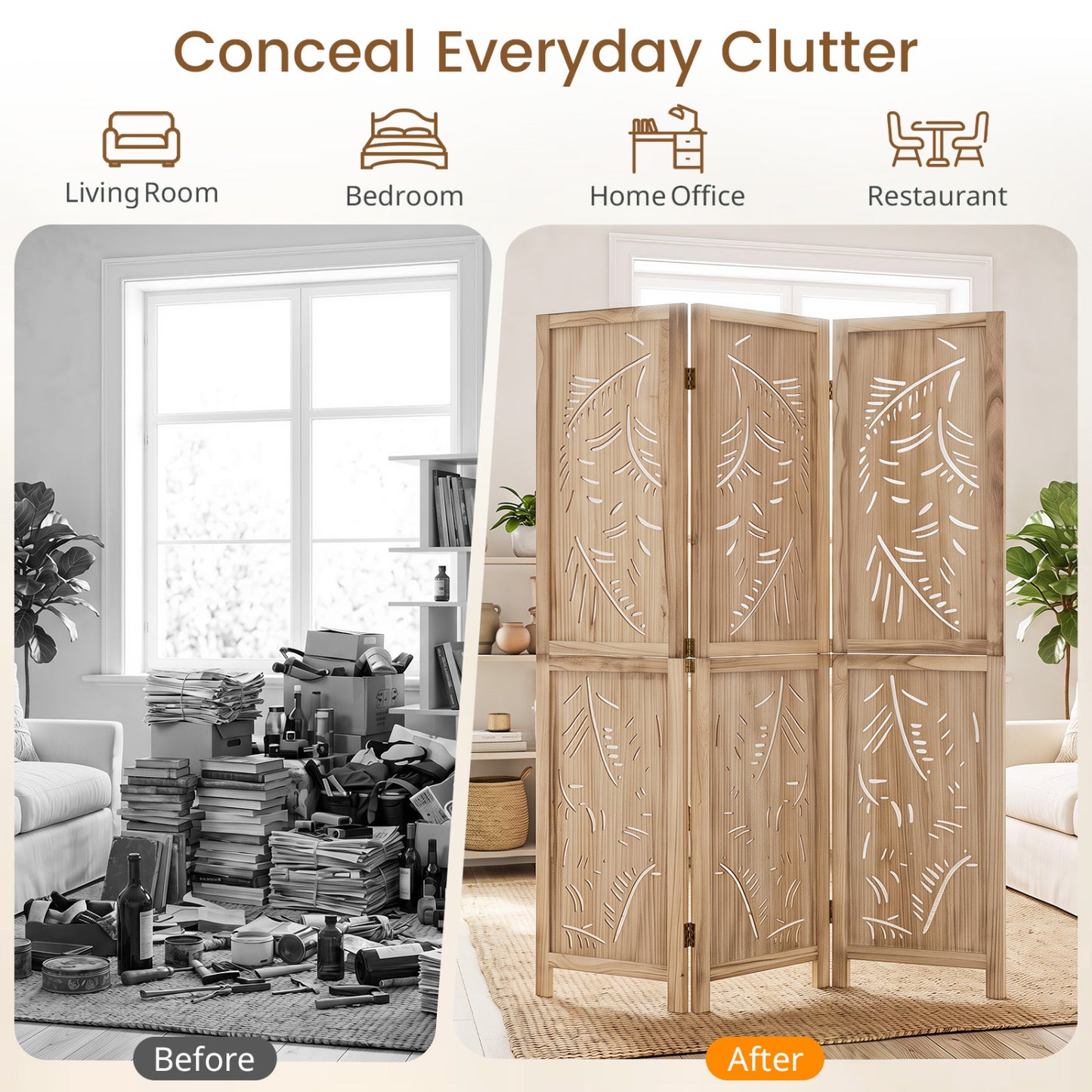 3-Panel Wood Room Divider, Palm Leaf Design, Paulownia Frame