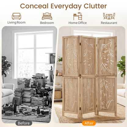 3-Panel Wood Room Divider, Palm Leaf Design, Paulownia Frame