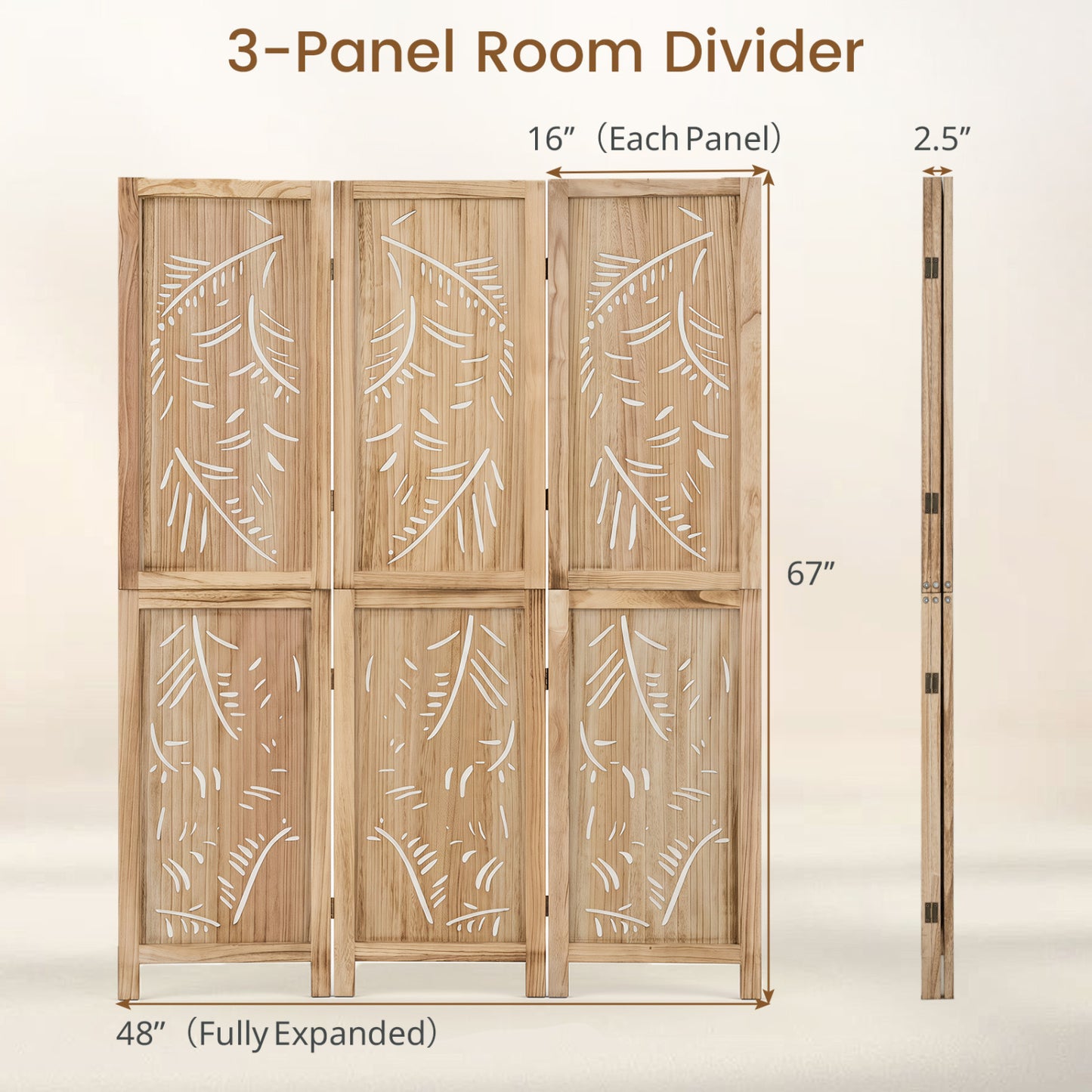 3-Panel Wood Room Divider, Palm Leaf Design, Paulownia Frame
