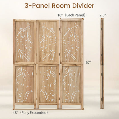 3-Panel Wood Room Divider, Palm Leaf Design, Paulownia Frame