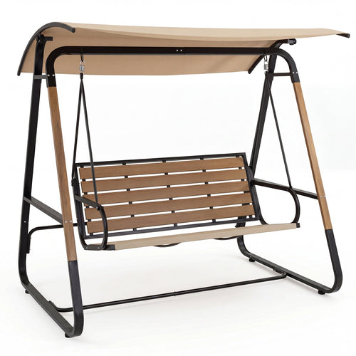 3-Person Porch Swing, Outdoor Swing, Adjustable Canopy, Beige