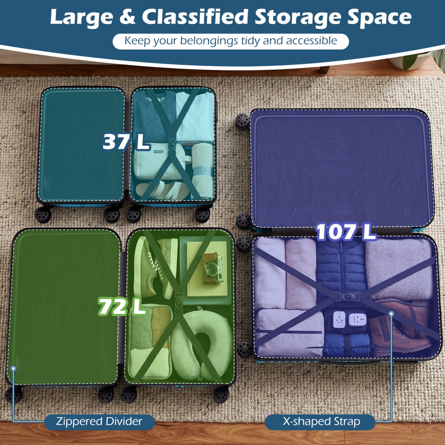 3-Piece 20/24/28 Inch Lightweight Hardside Luggage Set with 8-Spinner Wheels, Blue Kids Luggage at Gallery Canada