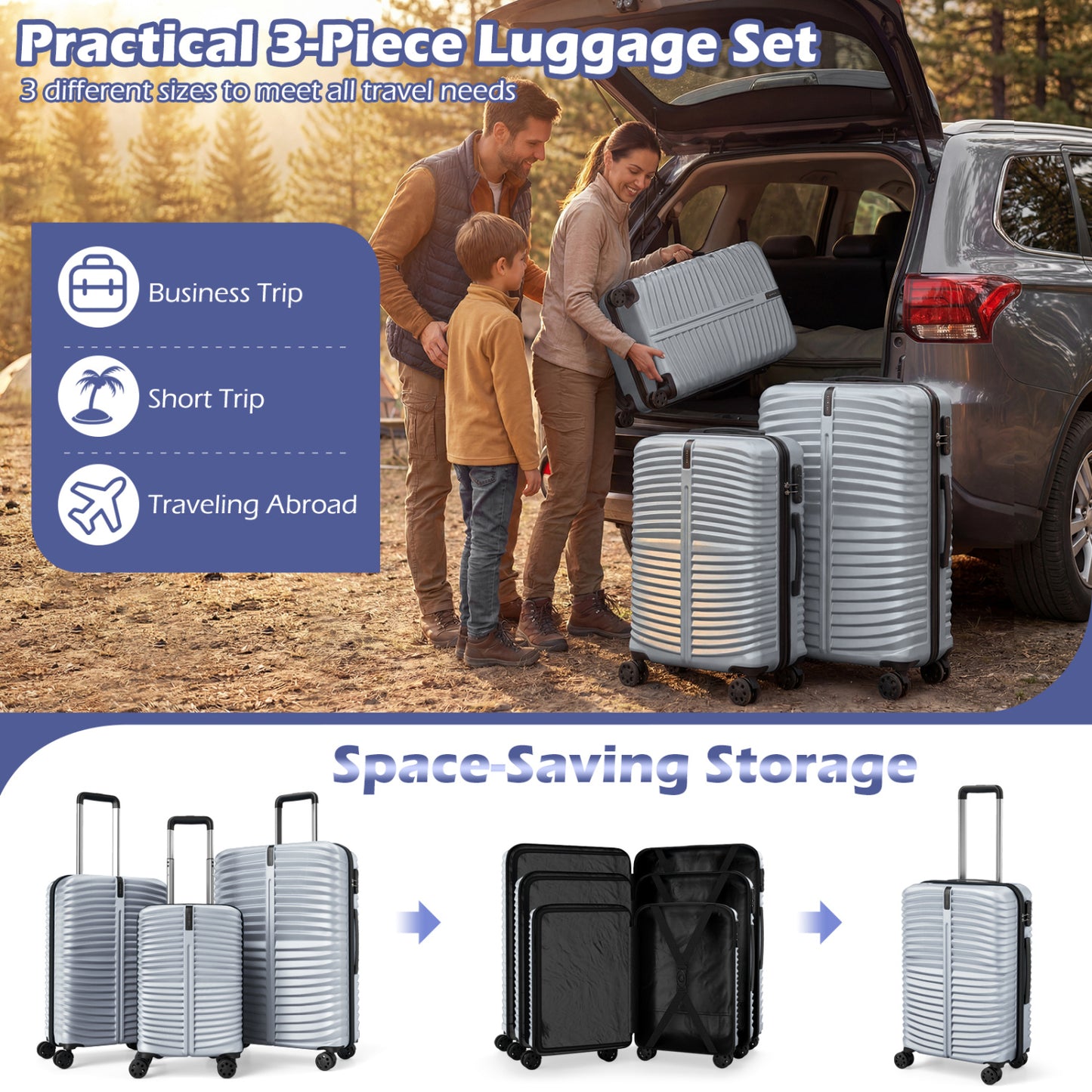 3-Piece 20/24/28 Inch Lightweight Hardside Luggage Set with 8-Spinner Wheels, Gray Kids Luggage at Gallery Canada