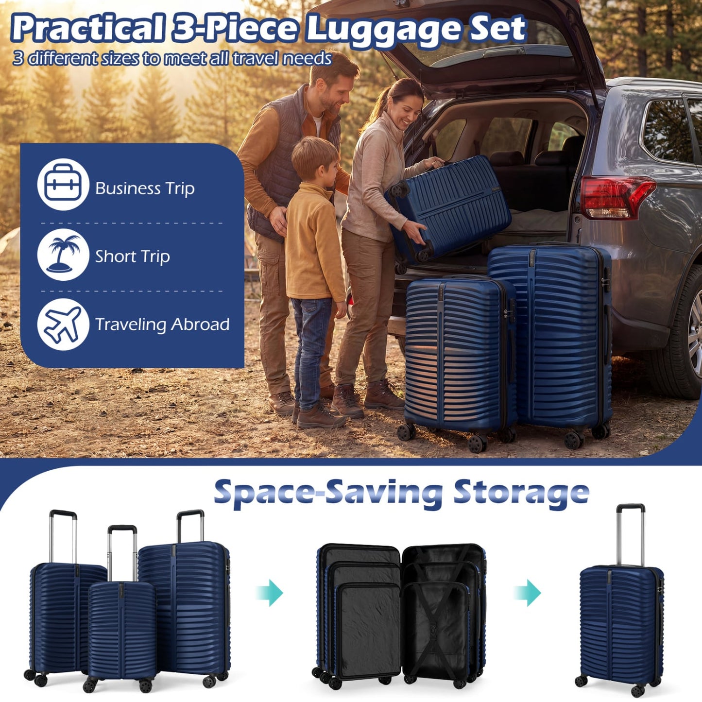 3-Piece 20/24/28 Inch Lightweight Hardside Luggage Set with 8-Spinner Wheels, Navy Kids Luggage at Gallery Canada