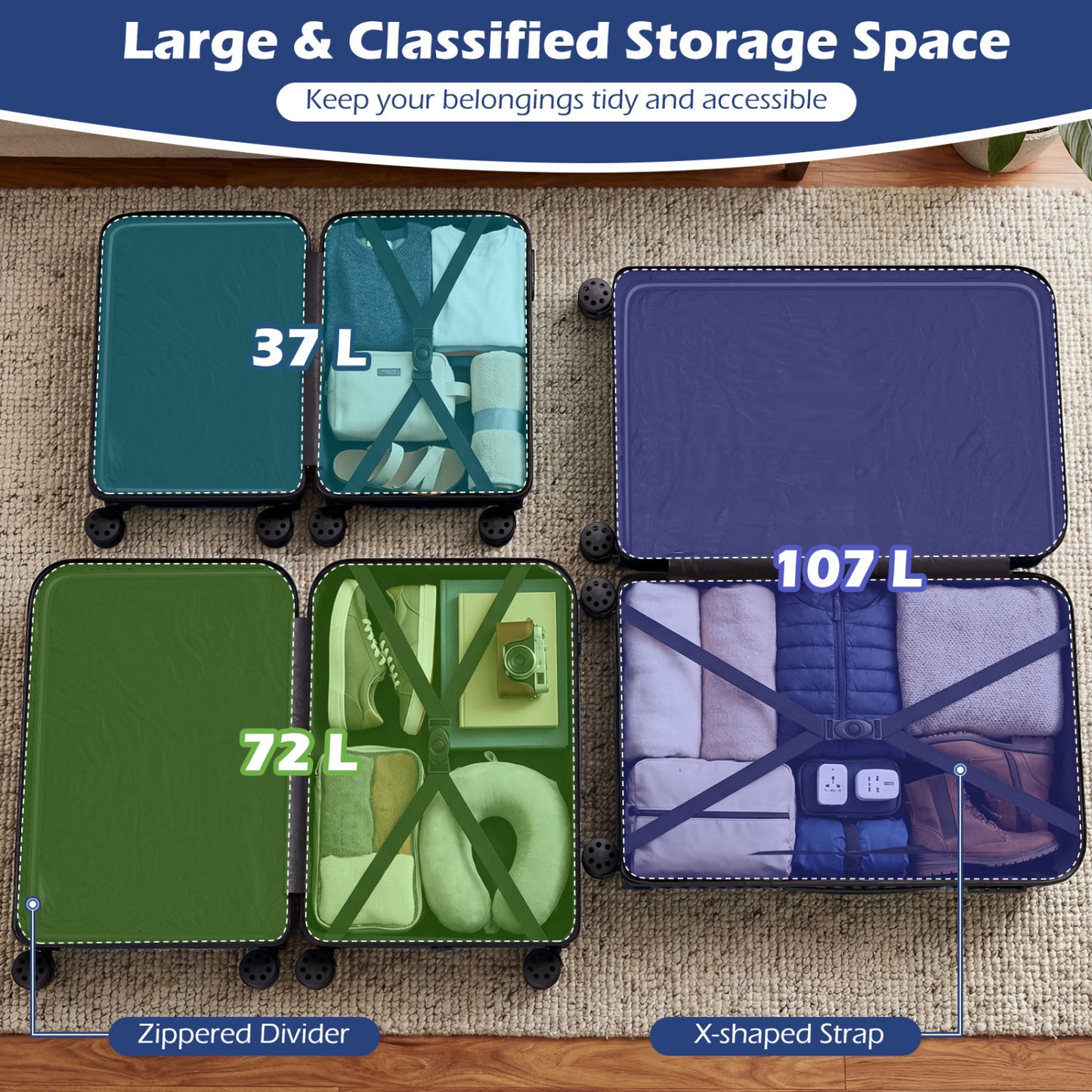 3-Piece 20/24/28 Inch Lightweight Hardside Luggage Set with 8-Spinner Wheels, Navy Kids Luggage at Gallery Canada