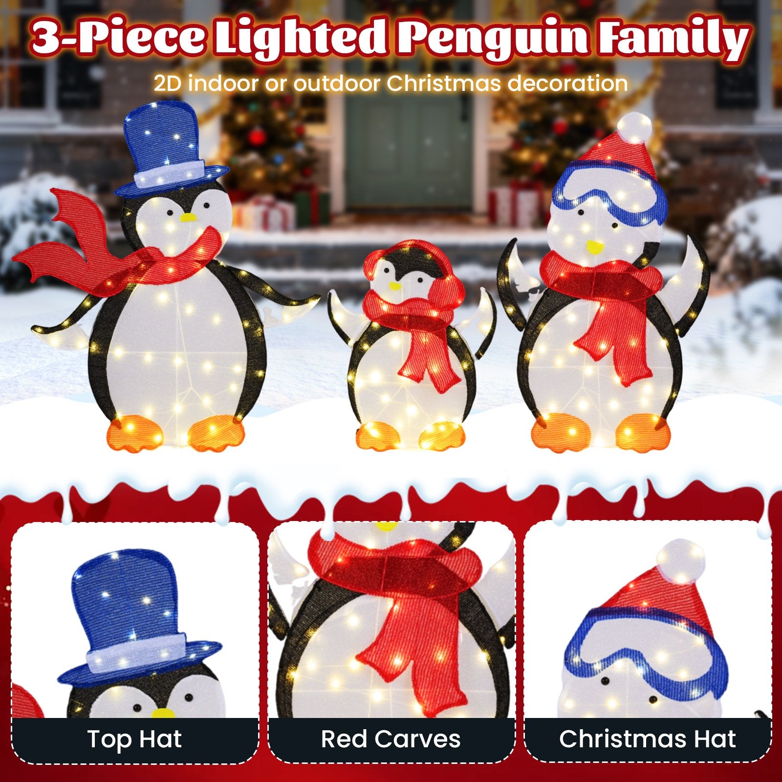 3-Piece 2D Lighted Penguin Family Christmas Decoration with 160 LED Lights Christmas Decor & Accessories at Gallery Canada