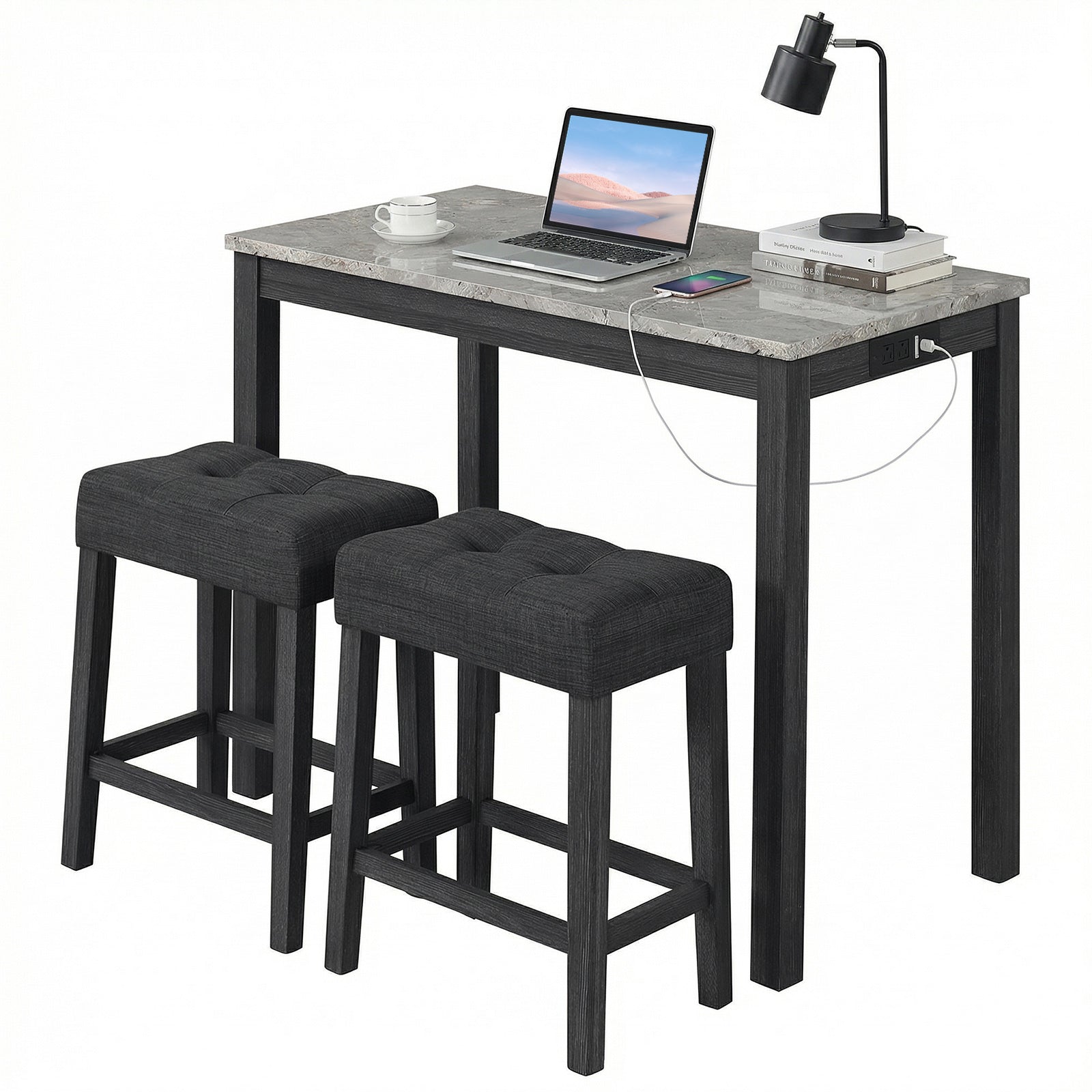 3-Piece Bar Table Set with Charging Station with Faux Marble Top-GR, Gray Dining Room Sets at Gallery Canada