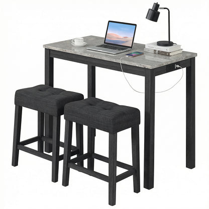 3-Piece Bar Table Set with Charging Station with Faux Marble Top-GR, Gray Dining Room Sets at Gallery Canada