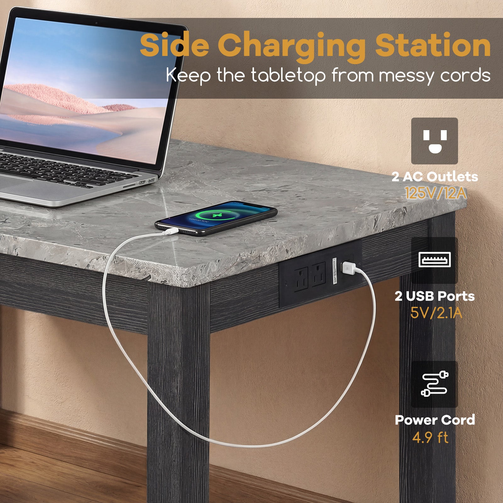 3-Piece Bar Table Set with Charging Station with Faux Marble Top-GR, Gray Dining Room Sets at Gallery Canada