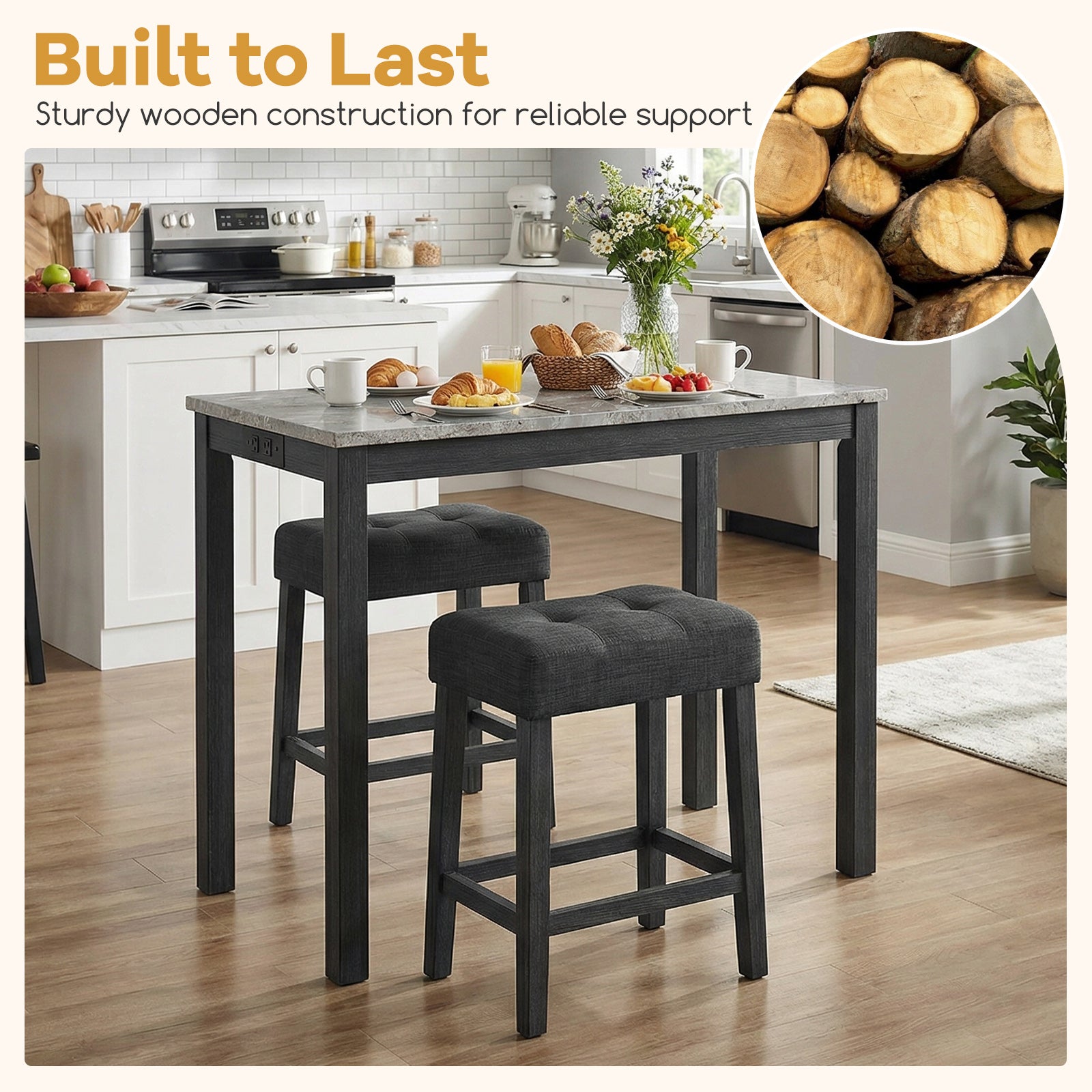 3-Piece Bar Table Set with Charging Station with Faux Marble Top-GR, Gray Dining Room Sets at Gallery Canada
