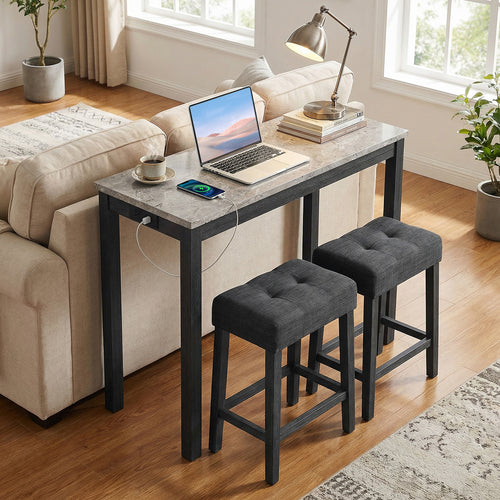 3-Piece Bar Table Set with Charging Station with Faux Marble Top-GR, Gray