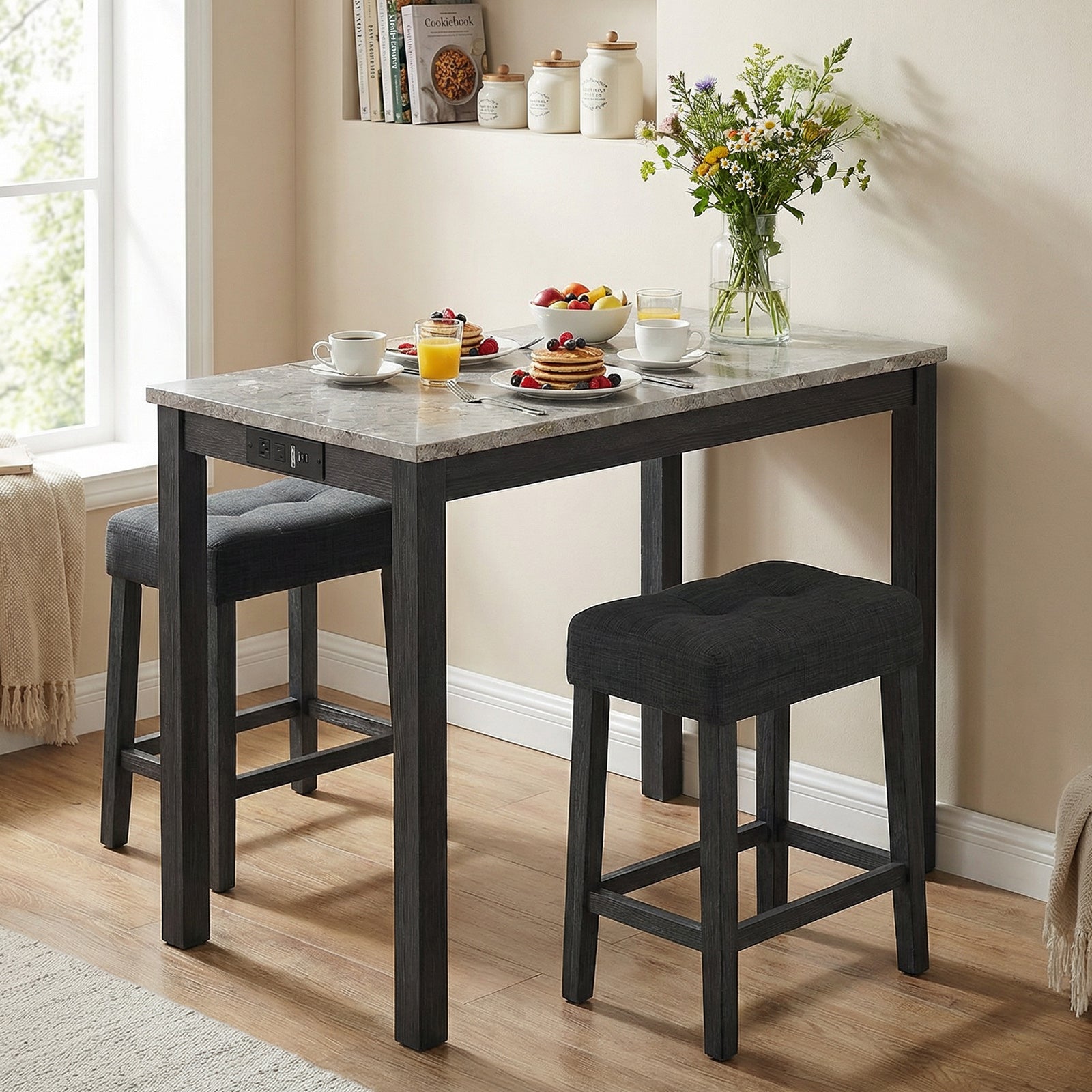 3-Piece Bar Table Set with Charging Station with Faux Marble Top-GR, Gray Dining Room Sets at Gallery Canada