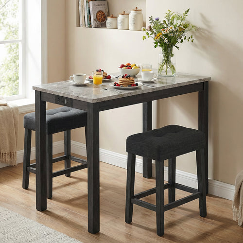 3-Piece Bar Table Set with Charging Station with Faux Marble Top-GR, Gray