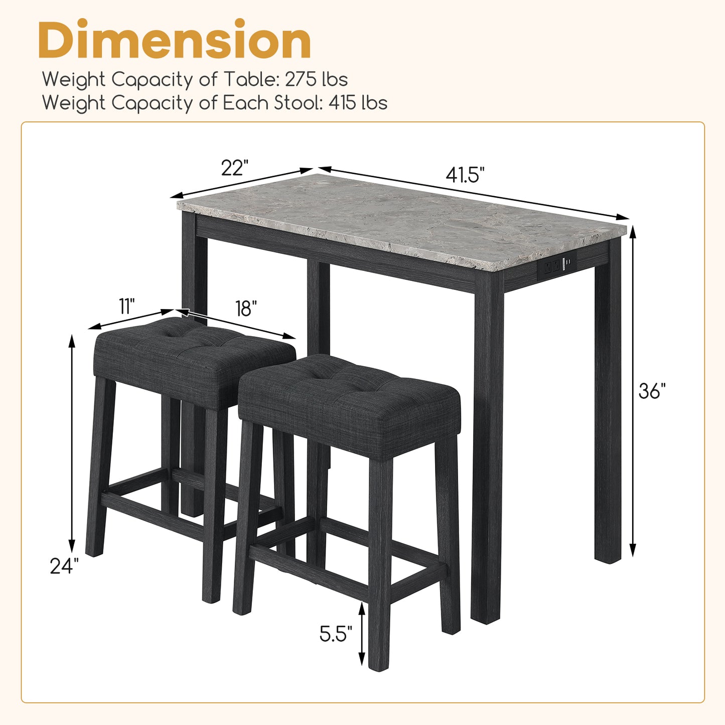 3-Piece Bar Table Set with Charging Station with Faux Marble Top-GR, Gray Dining Room Sets at Gallery Canada