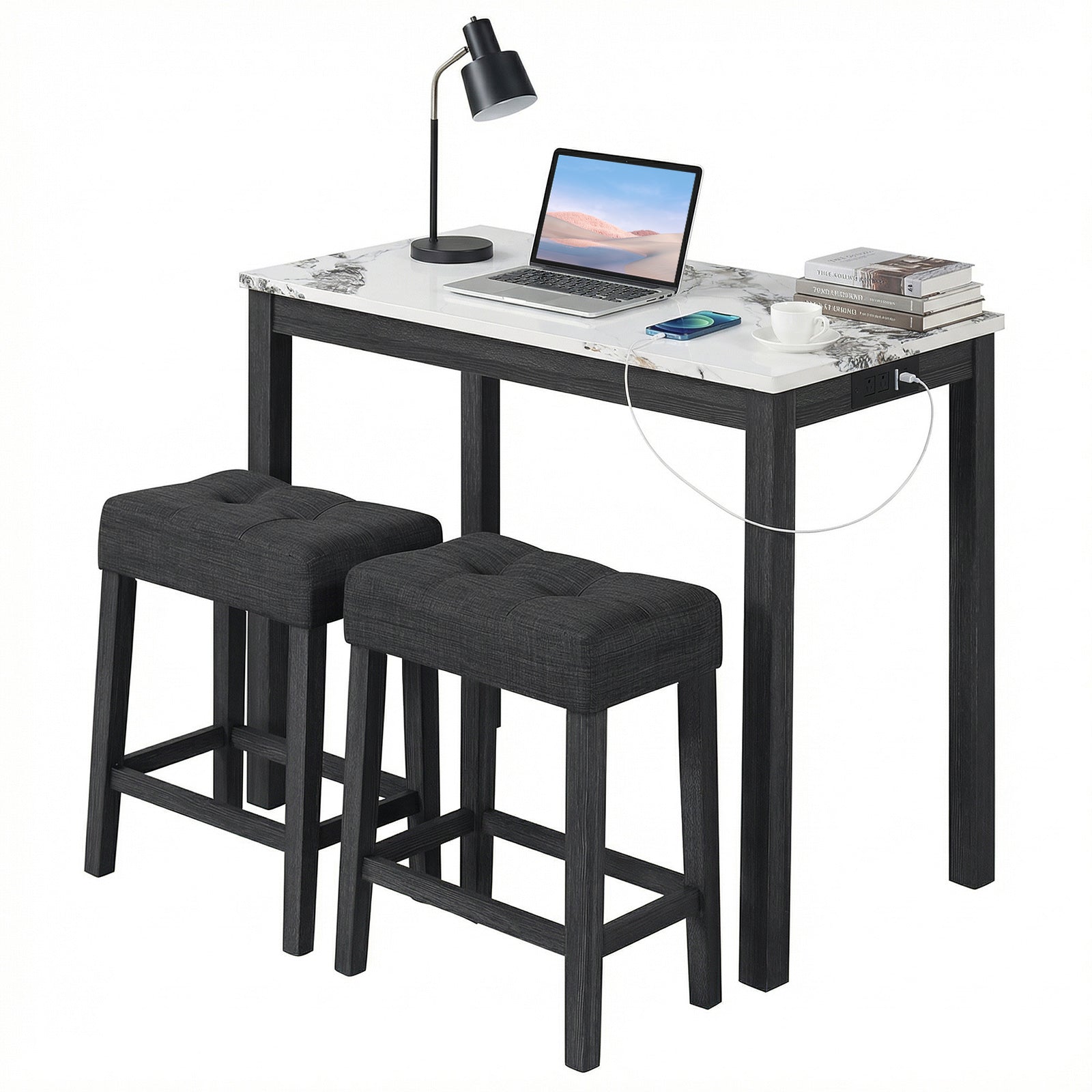 3-Piece Bar Table Set with Charging Station with Faux Marble Top-WH, White Dining Room Sets at Gallery Canada