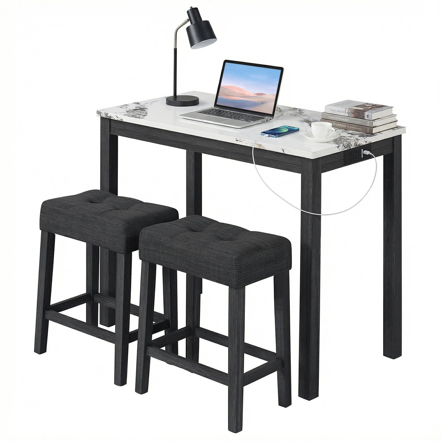 3-Piece Bar Table Set with Charging Station with Faux Marble Top-WH, White Dining Room Sets at Gallery Canada