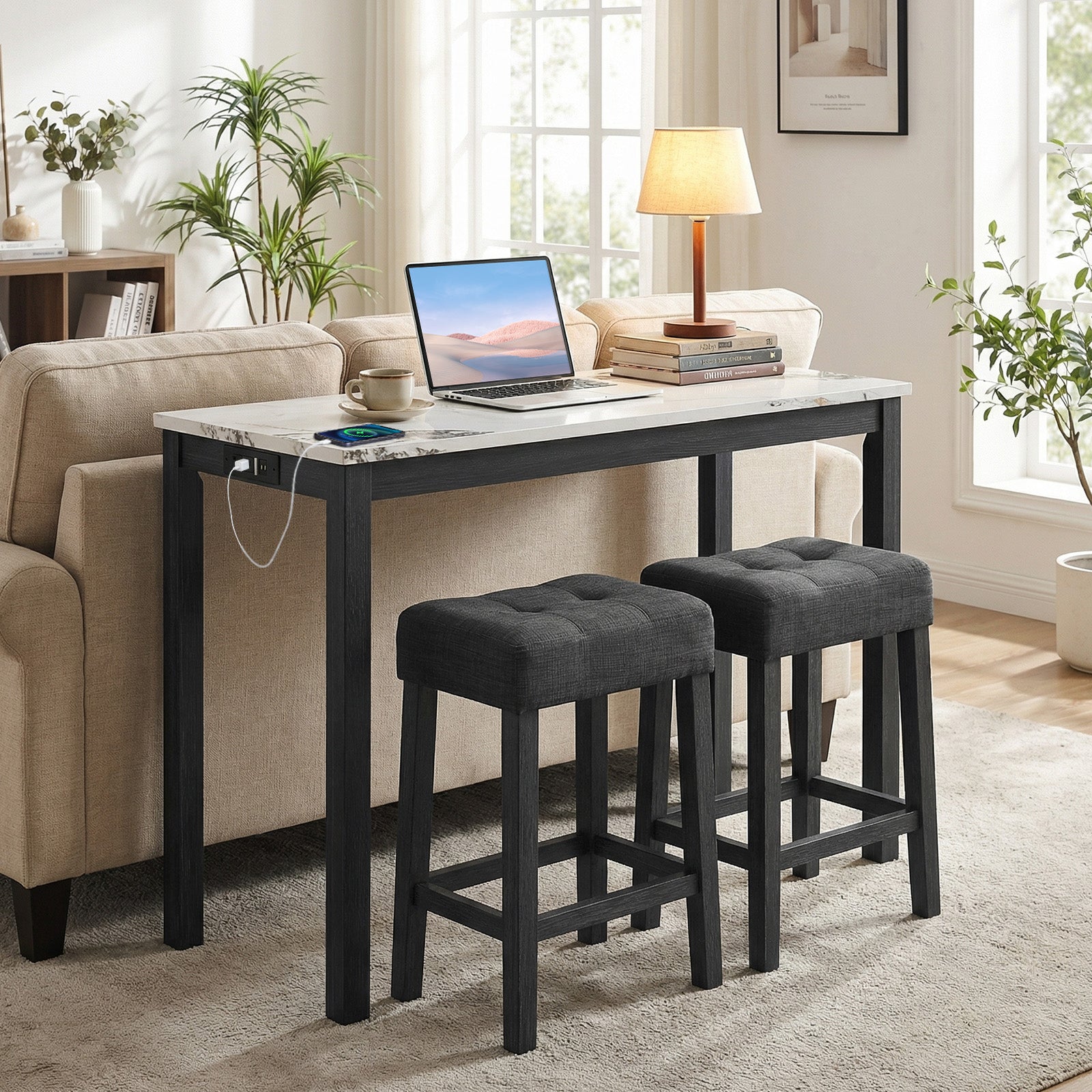 3-Piece Bar Table Set with Charging Station with Faux Marble Top-WH, White Dining Room Sets at Gallery Canada