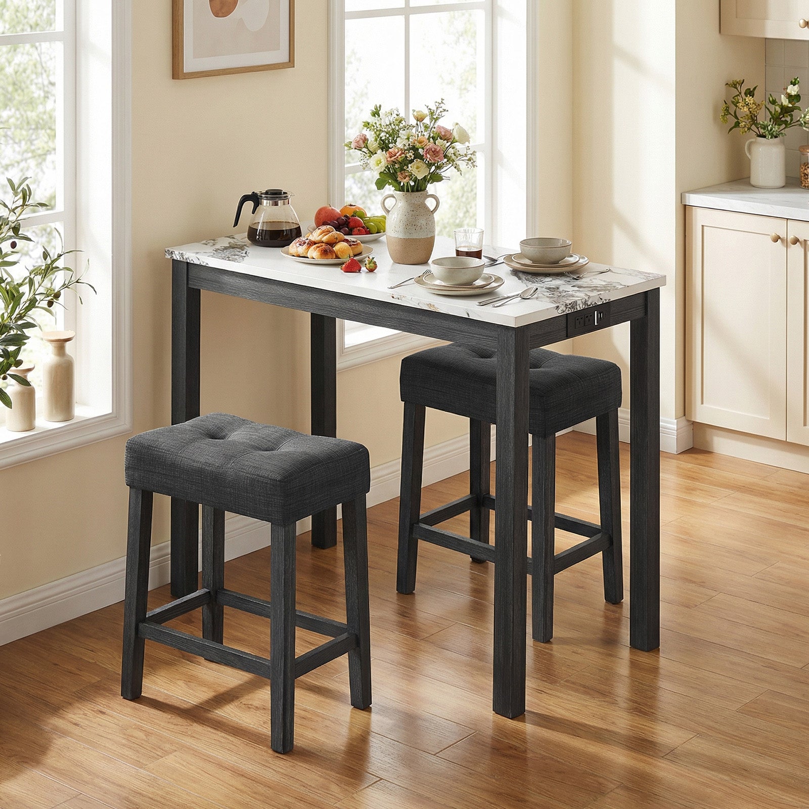 3-Piece Bar Table Set with Charging Station with Faux Marble Top-WH, White Dining Room Sets at Gallery Canada