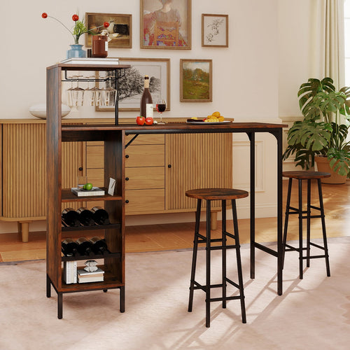 3 Piece Bar Table And Chairs Set, 6-Bottle Wine Rack, Rustic Brown
