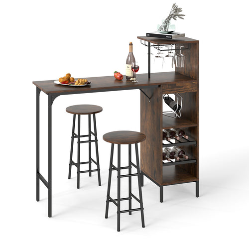 3 Piece Bar Table And Chairs Set, 6-Bottle Wine Rack, Rustic Brown