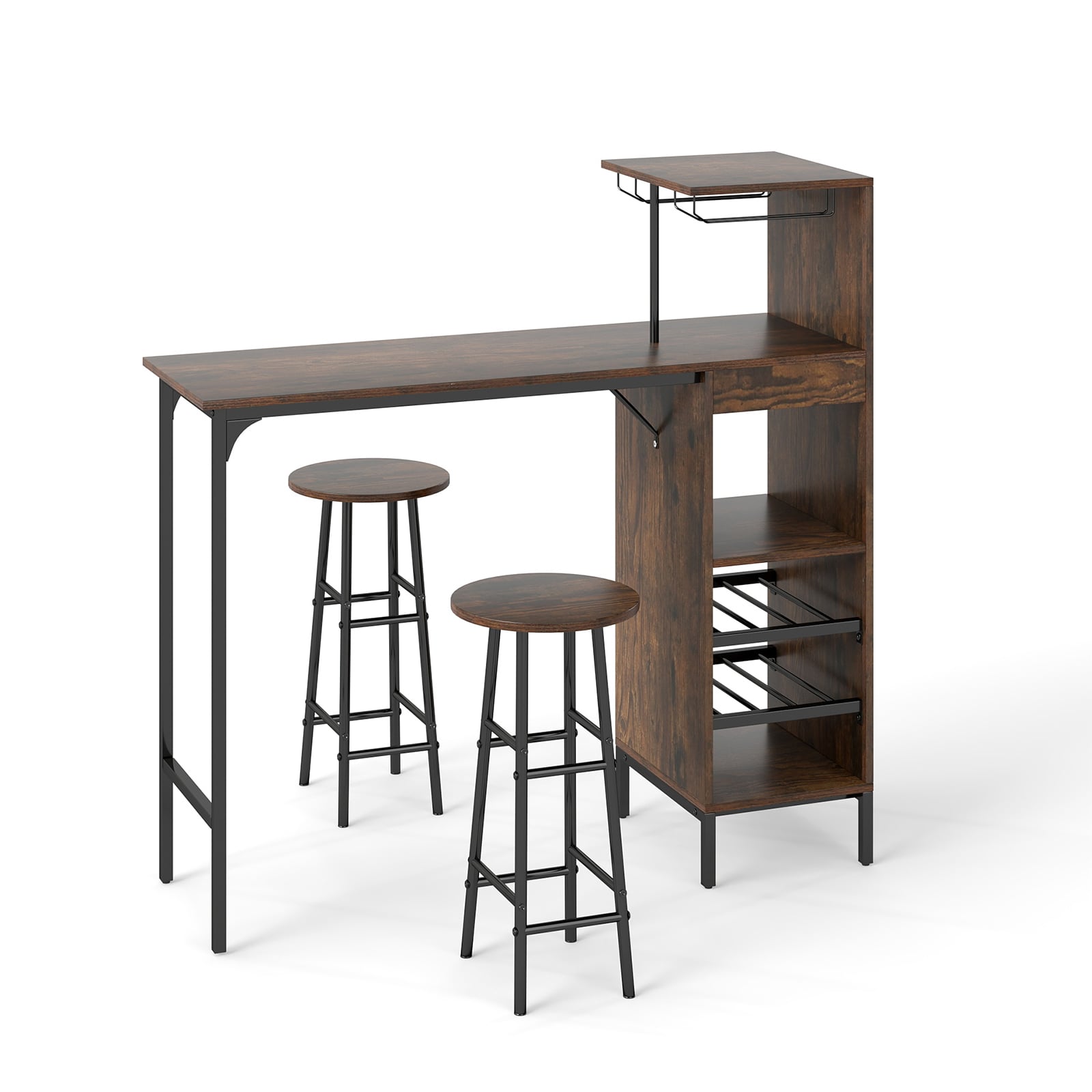 3 Piece Bar Table And Chairs Set, 6-Bottle Wine Rack, Rustic Brown Dining Room Sets at Gallery Canada