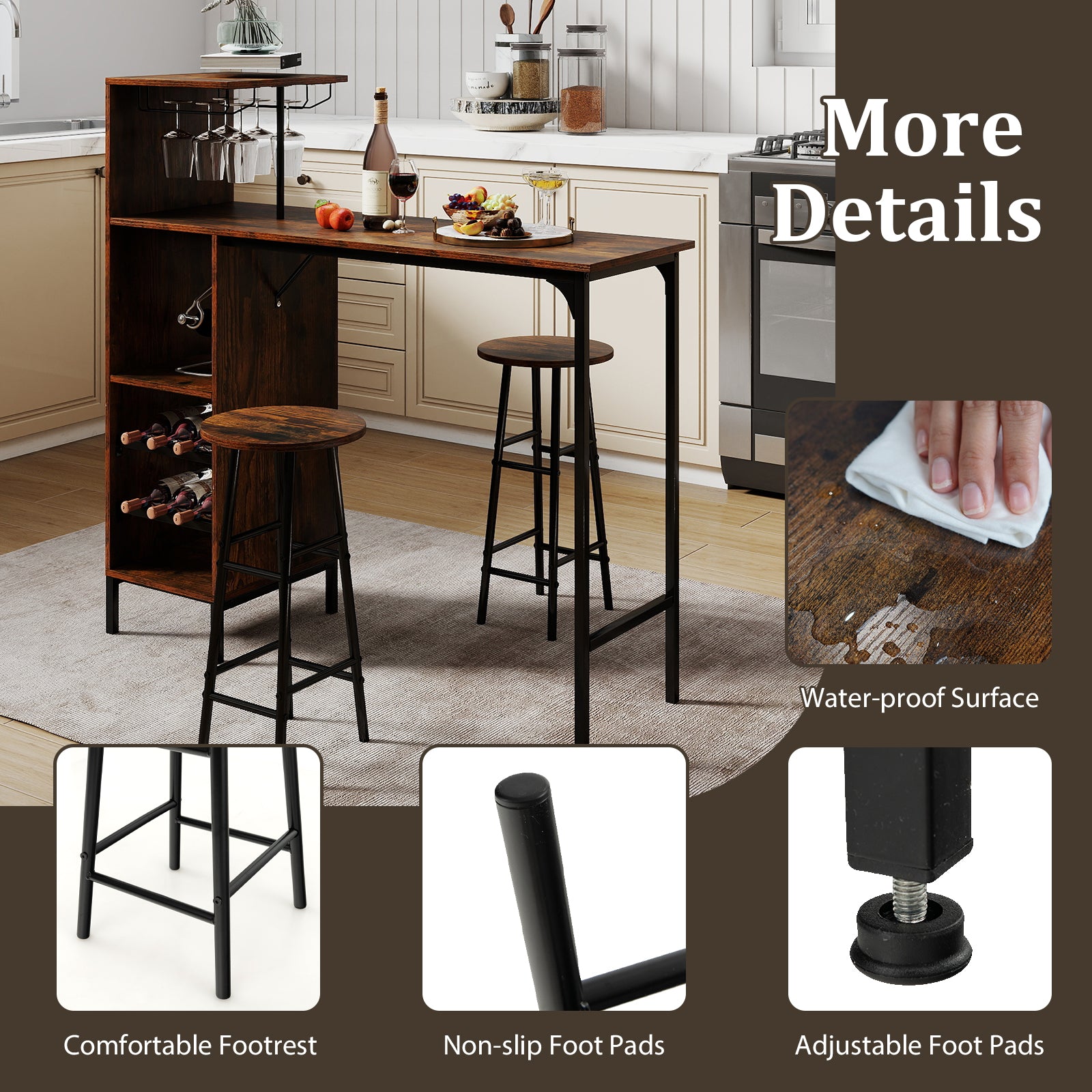 3 Piece Bar Table And Chairs Set, 6-Bottle Wine Rack, Rustic Brown Dining Room Sets at Gallery Canada