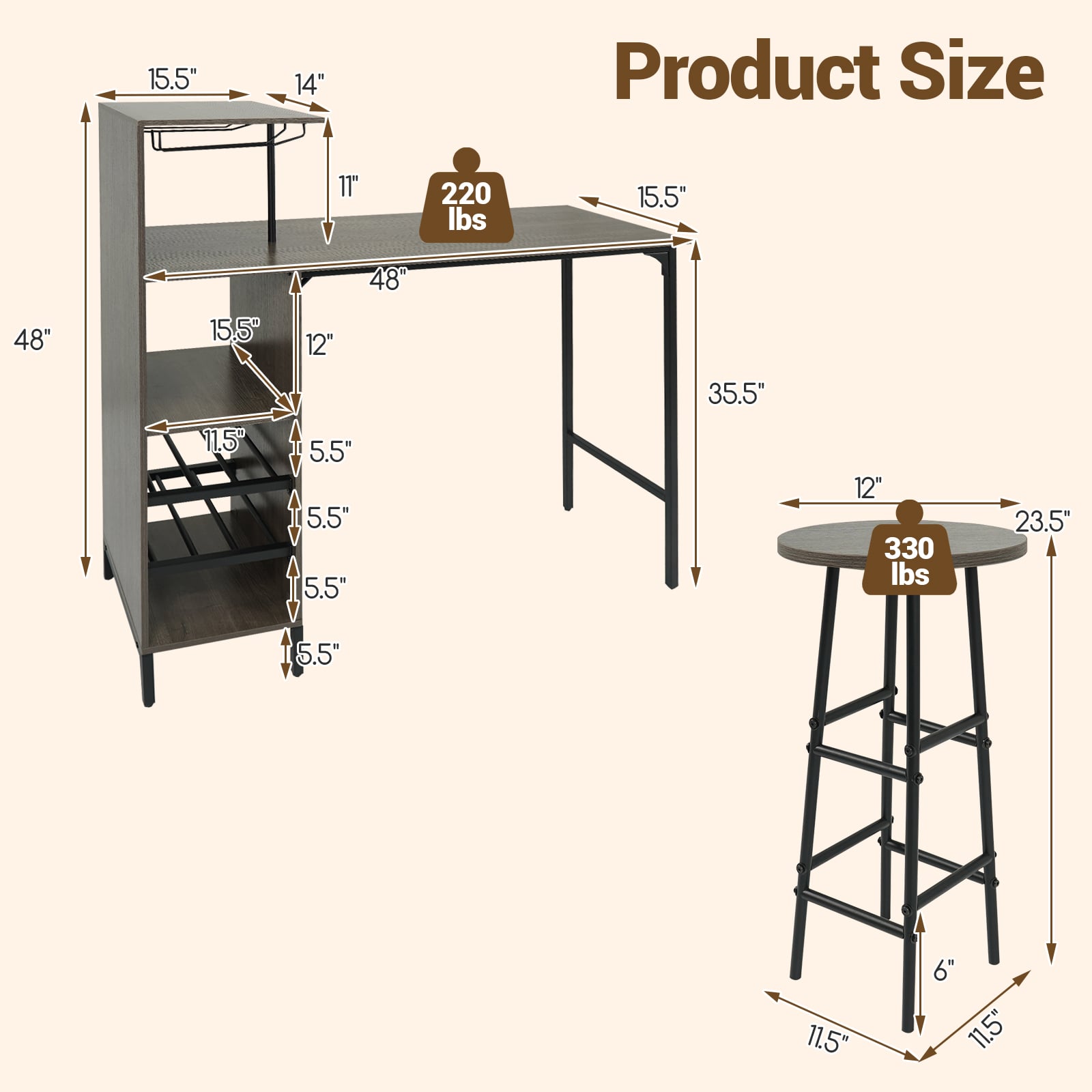 3 Piece Bar Table And Chairs Set, 6-Bottle Wine Rack, Oak Dining Room Sets at Gallery Canada