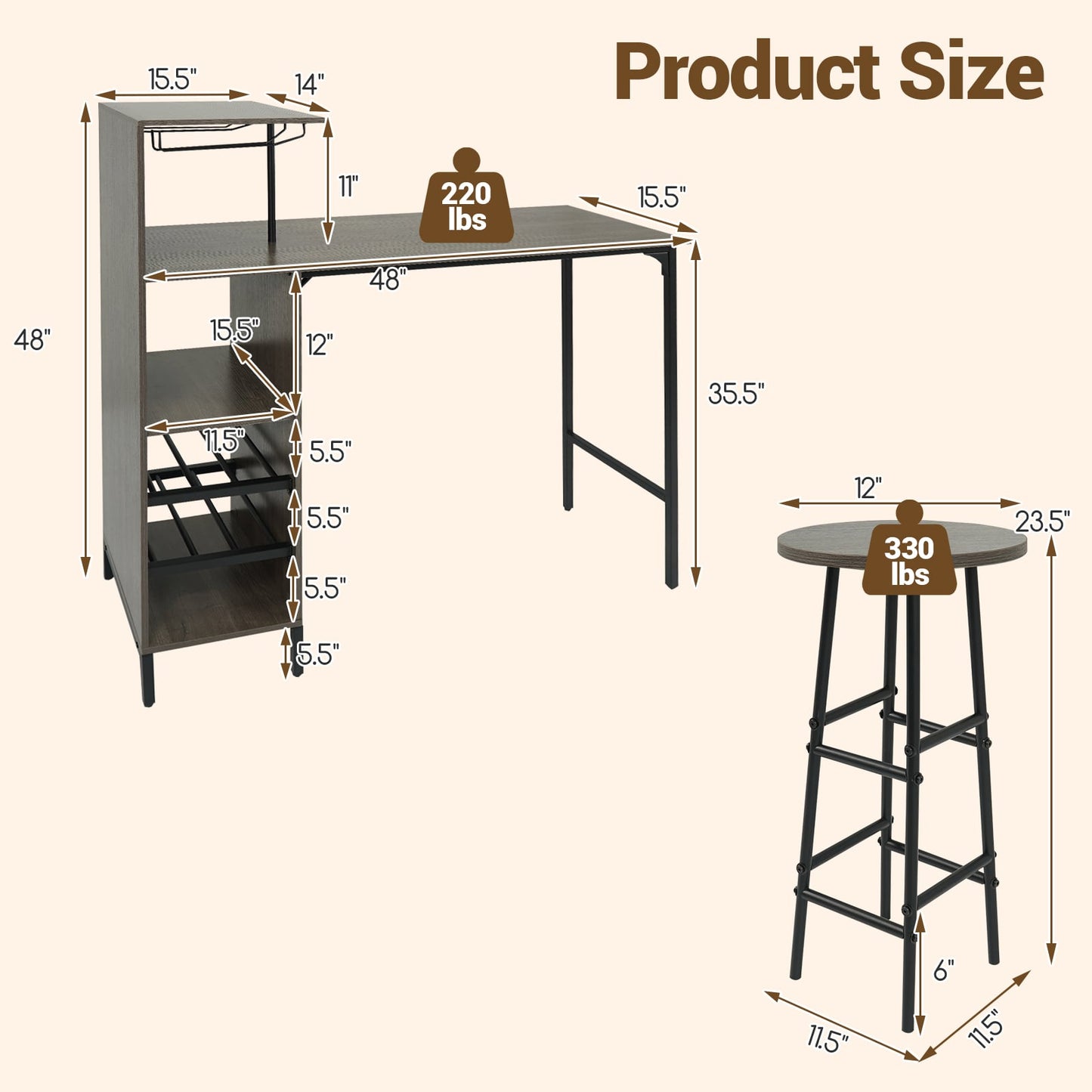3 Piece Bar Table And Chairs Set, 6-Bottle Wine Rack, Oak Dining Room Sets at Gallery Canada