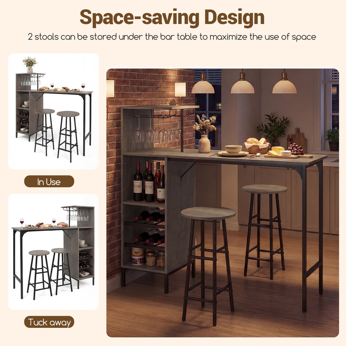 3 Piece Bar Table And Chairs Set, 6-Bottle Wine Rack, Oak Dining Room Sets at Gallery Canada