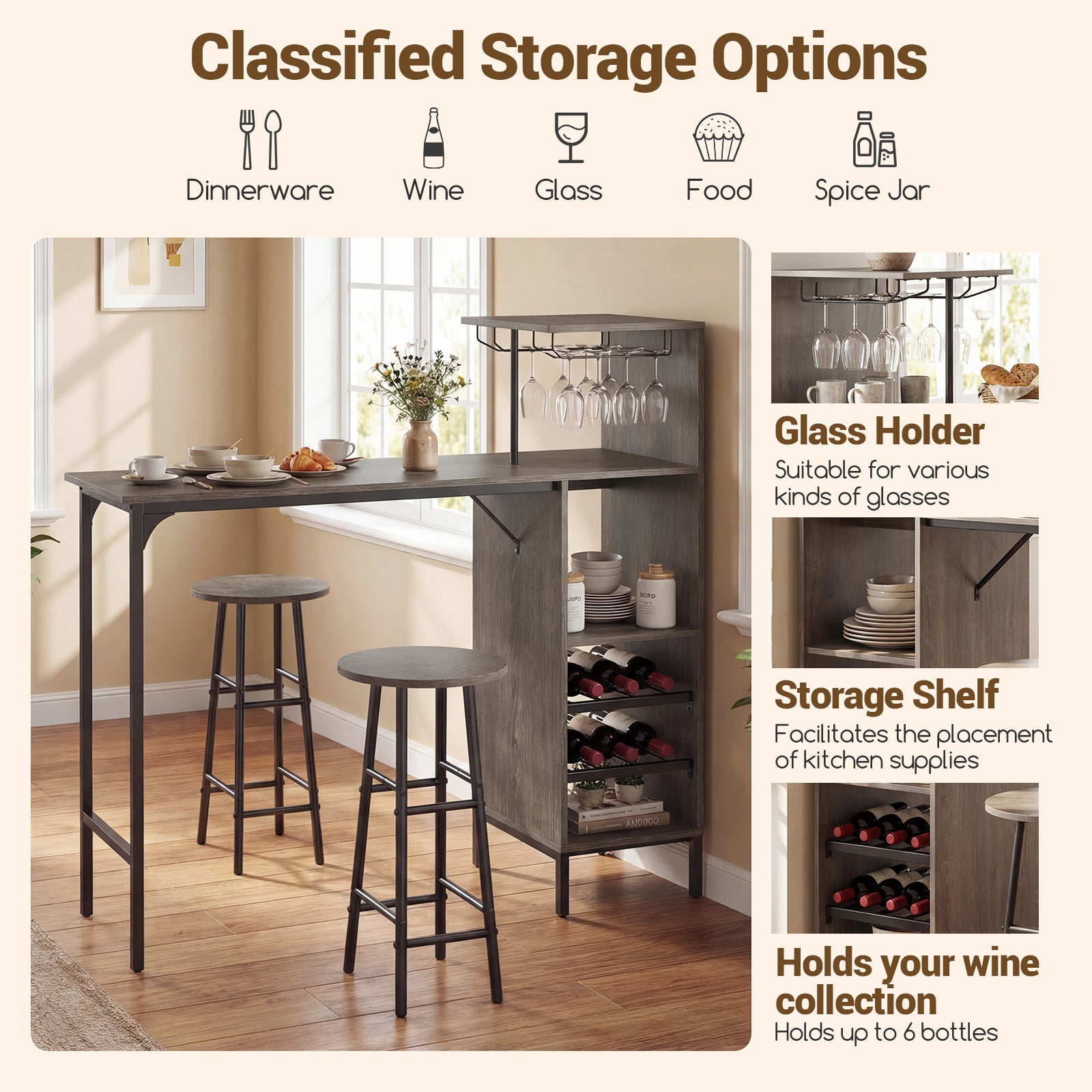3 Piece Bar Table And Chairs Set, 6-Bottle Wine Rack, Oak Dining Room Sets at Gallery Canada